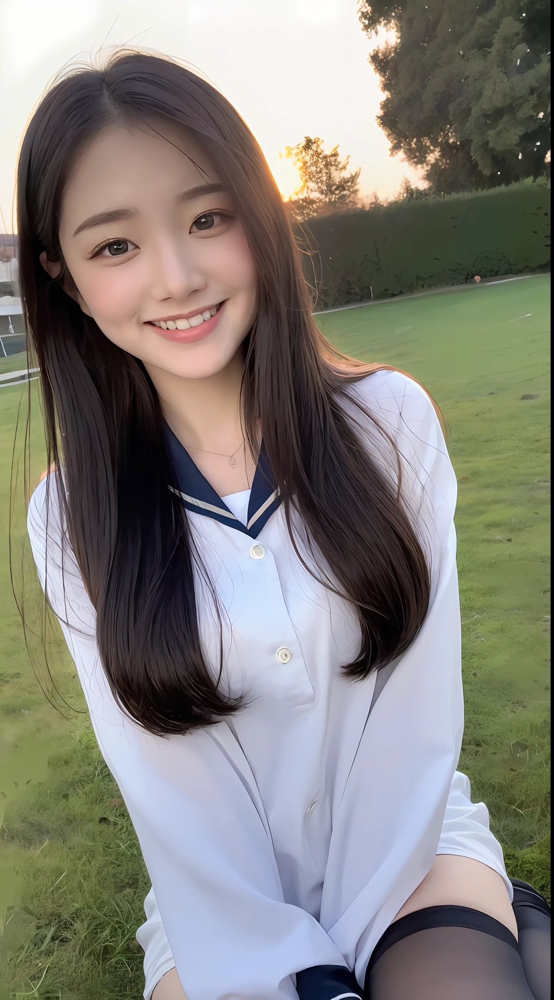(1 Korean star with royal sister style), ((Best quality, 8K, 巨作: 1.3)), focal point: 1.2, Perfect body proportions: 1.4, (Make a smile), (Ray traching),Watery eyes, Highly Detailed Face and Skin Textur, Fine eyes, Double eyelids, Whitens the skin, (long whitr hair, Air bangs: 1.3), (face round: 1.5), (Student uniform: 1.4), (duck sitting,Sit on the lawn as the sun sets: 1.6),(black lence stockings: 1.4),(film grain style:1.3),a sense of atmosphere