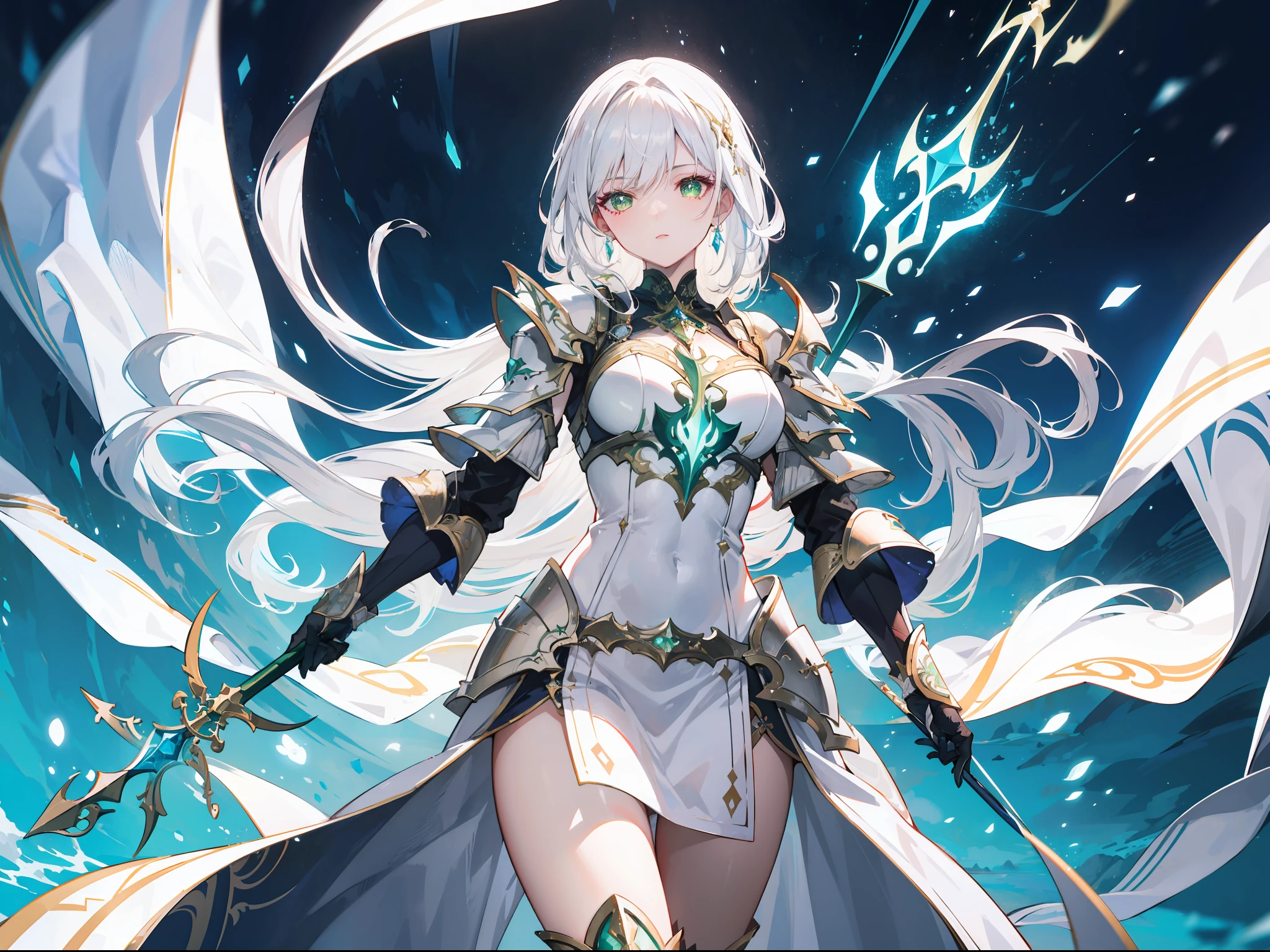 "Epic daylight atmosphere, stunning 4k artwork featuring a beautiful mature lady with long flowing white hair. Glowing green eyes. She was wearing white armor and holding a spear."