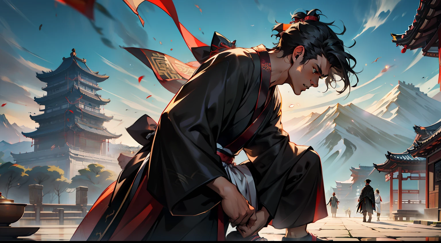 8. (1 person) The boy with a (((Black coat))), (((Black Hanfu youth))), and (((Black hair))) clenches his fists, exuding a majestic aura like towering mountains. He vows to defend the glory of his family to the death. (Background: The magnificent imperial palace of ancient China)