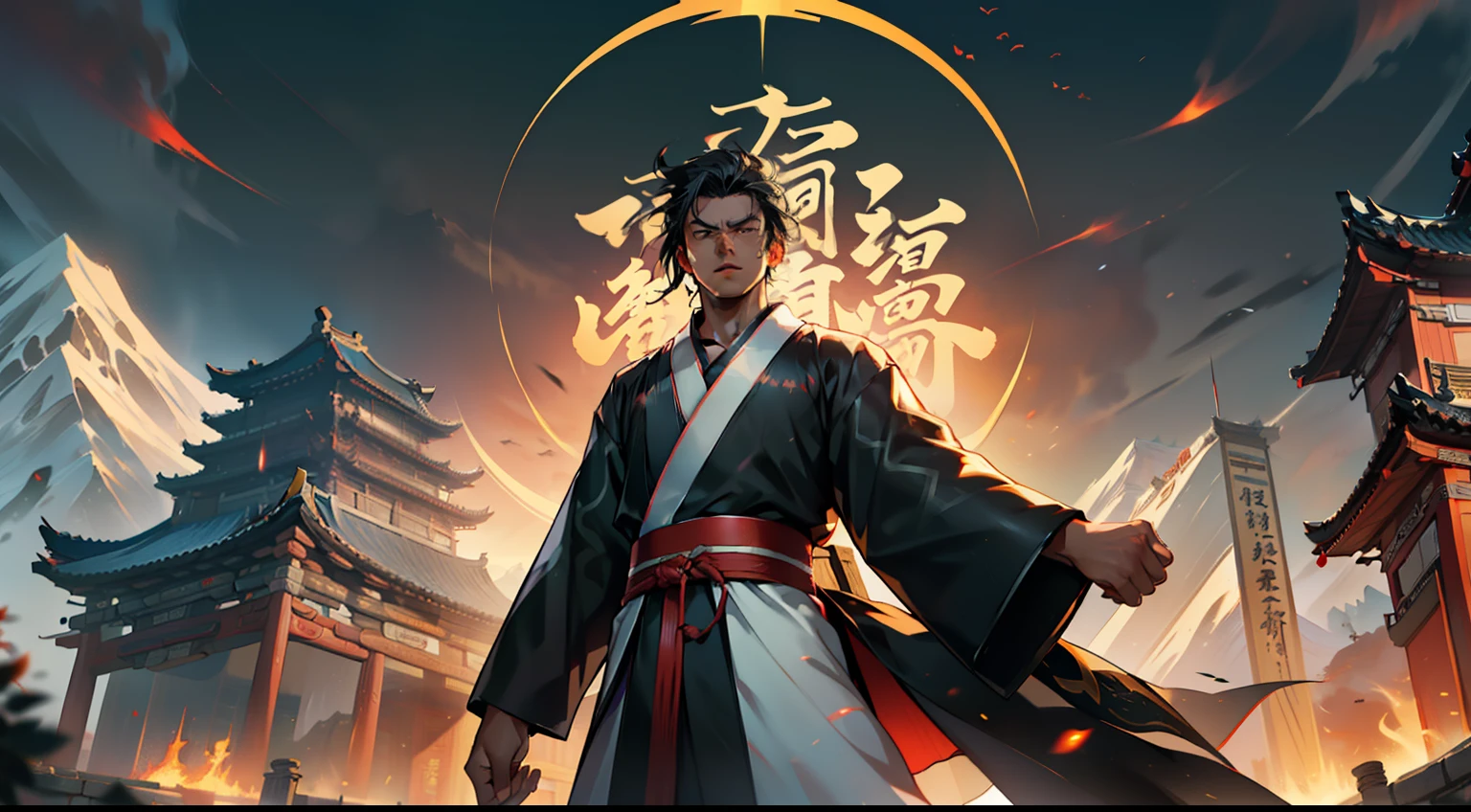 8. (1 person) The boy with a (((Black coat))), (((Black Hanfu youth))), and (((Black hair))) clenches his fists, exuding a majestic aura like towering mountains. He vows to defend the glory of his family to the death. (Background: The magnificent imperial palace of ancient China)