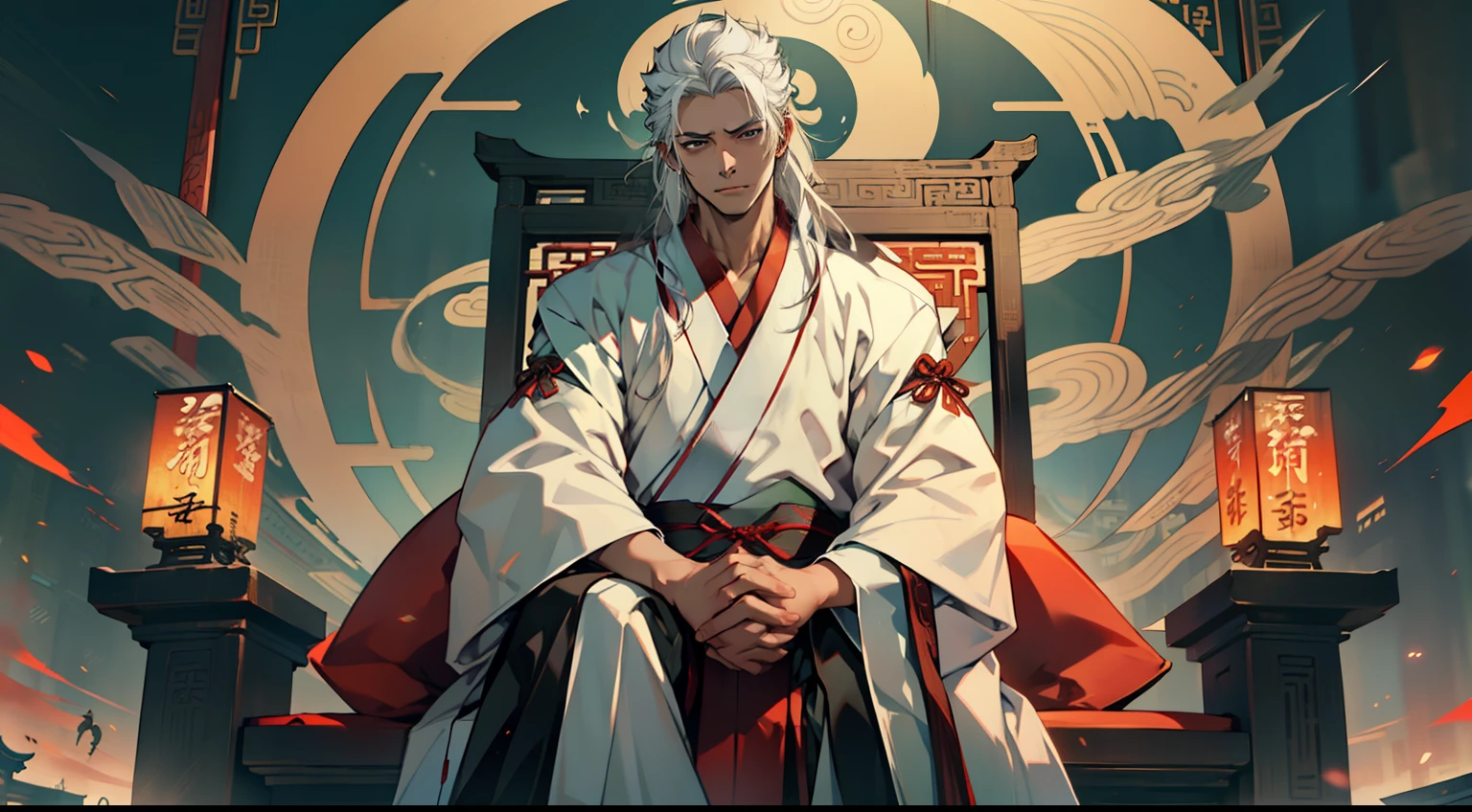 9. (1 person) The boy with (((white hair))), (((white Hanfu youth))), and (((long white hair))) sits on the sacred throne, coldly gazing at the boy with a (((Black coat))), (((Black Hanfu youth))), and (((Black hair))) who returns his gaze. His eyes shimmer with a taunting gleam, as if toying with a puppet under his control. (Background: The magnificent imperial palace of ancient China)