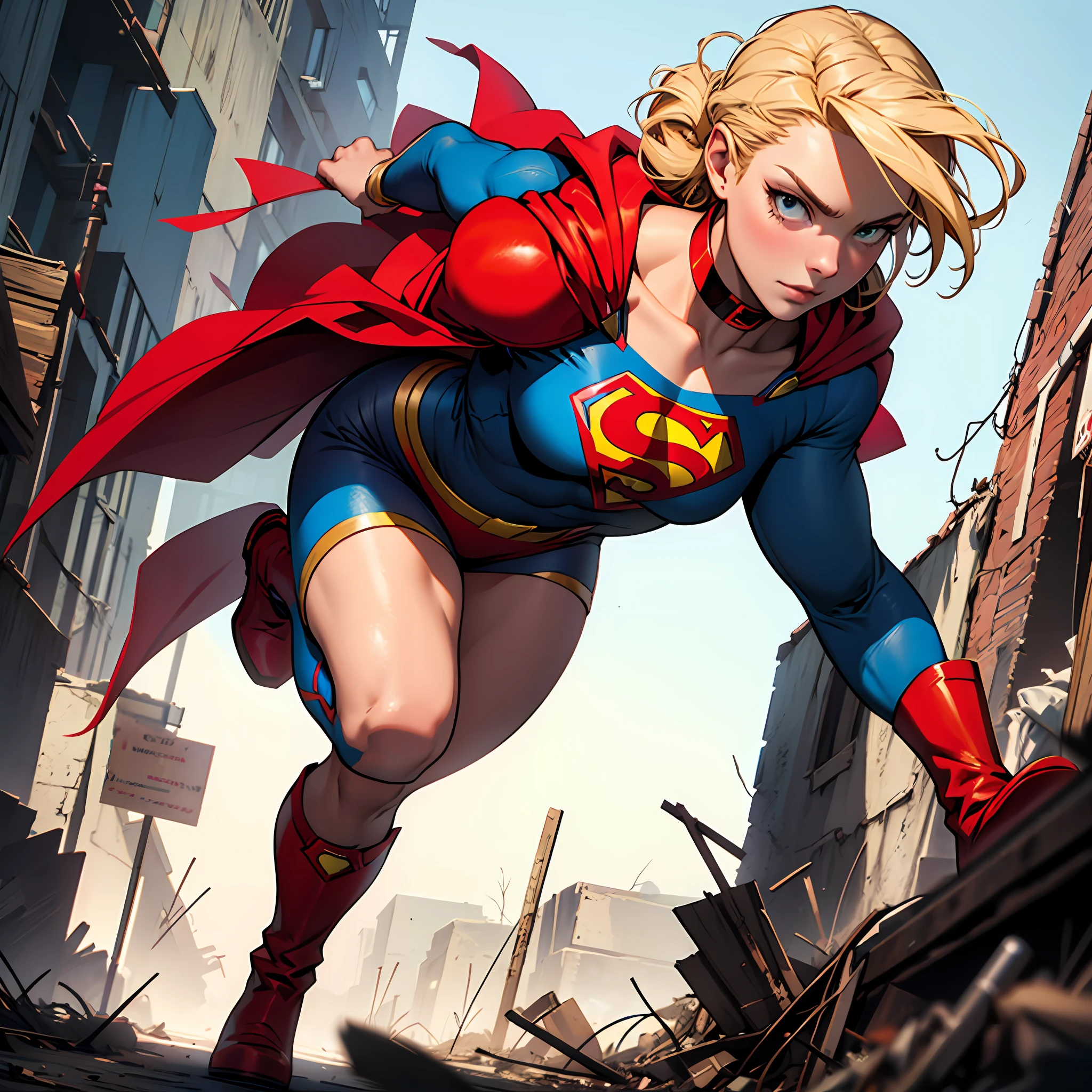 Supergirl，heroic look，Superman costume，Red collar，coiffed blonde hair，Red boots，Apocalyptic background，plumw --auto