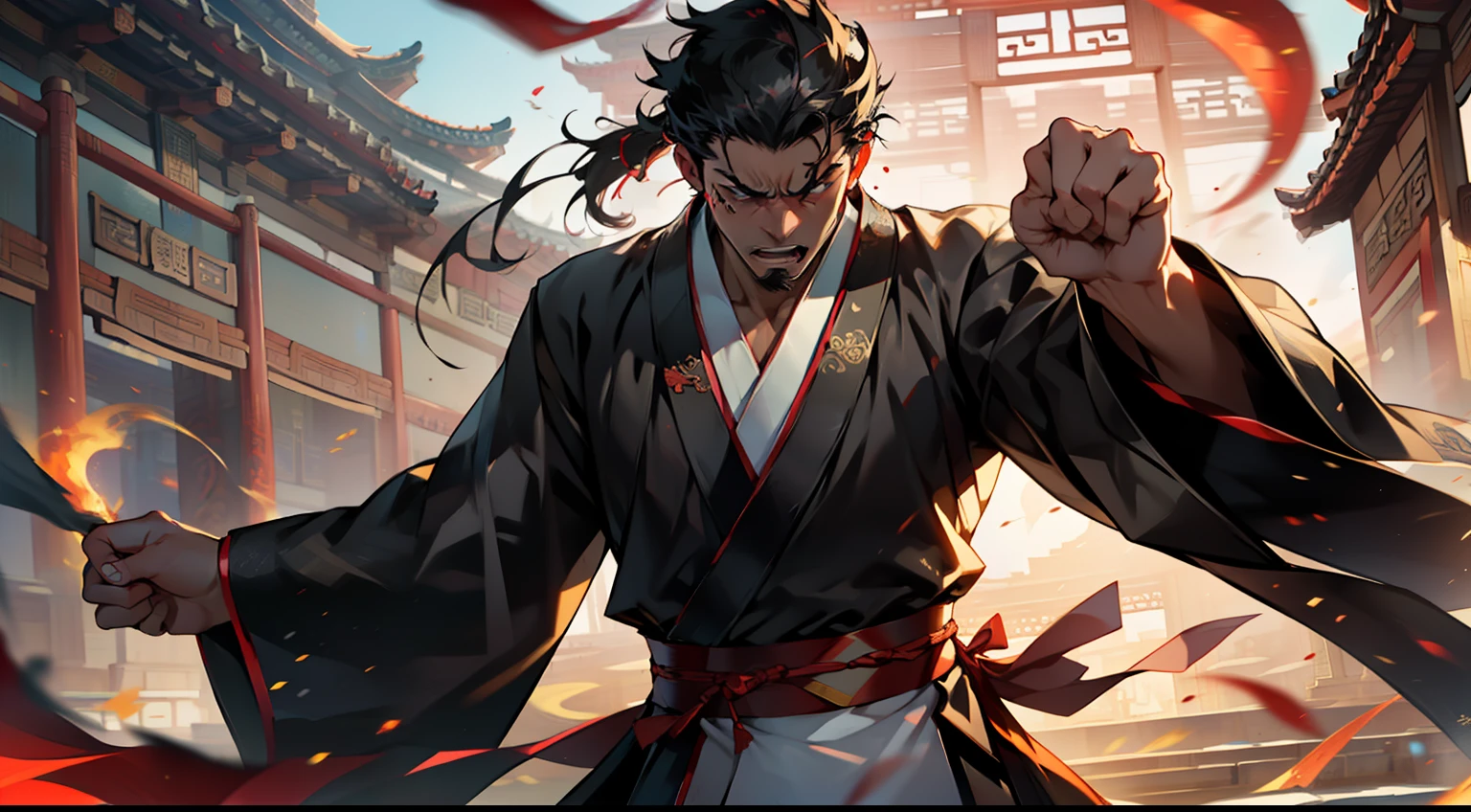 10. (1 person) The boy with a (((Black coat))), (((Black Hanfu youth))), and (((Black hair))) glares, fists clenched, his heart burning with boundless anger and determination. (Background: The magnificent imperial palace of ancient China)