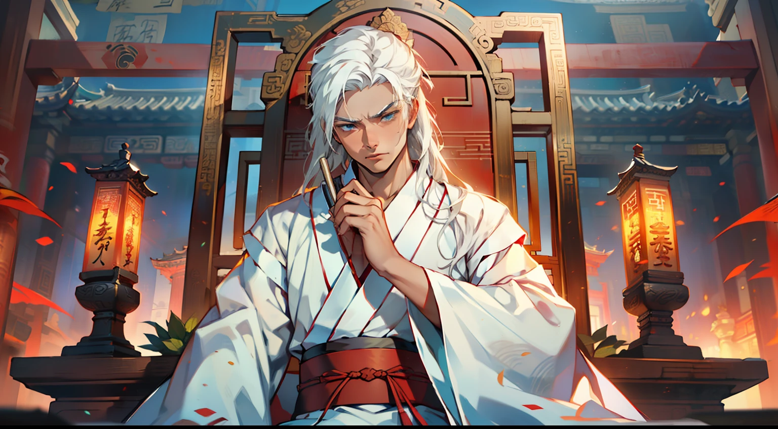 11. (1 person) The boy with (((white hair))), (((white Hanfu youth))), and (((long white hair))) sits on the sacred throne, his eyes filled with indifference and mockery, as if deriding insignificance and vulnerability. (Background: The magnificent imperial palace of ancient China)