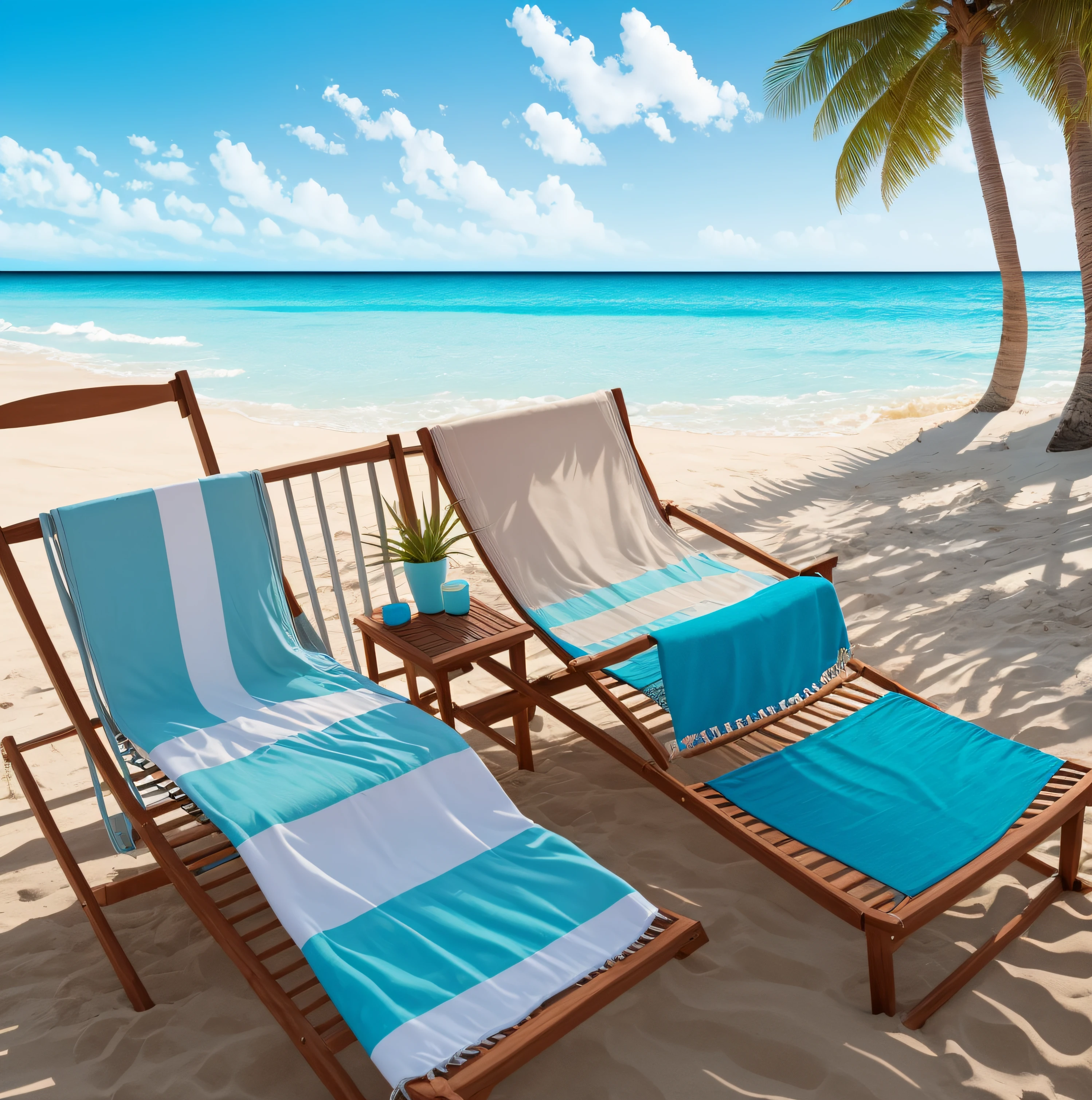 The theme is blankets，sandbeach，blanket，beach chair，Blankets draped over beach chairs，The chair is on the right，Sunnyday，coconut palms，Product effect --auto