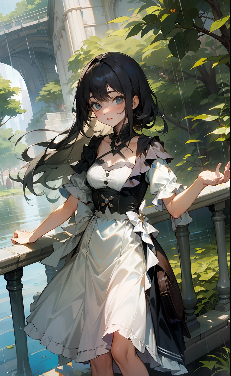 The girl is wearing a dress,Handrails,beside a river,Reach out to catch the rain