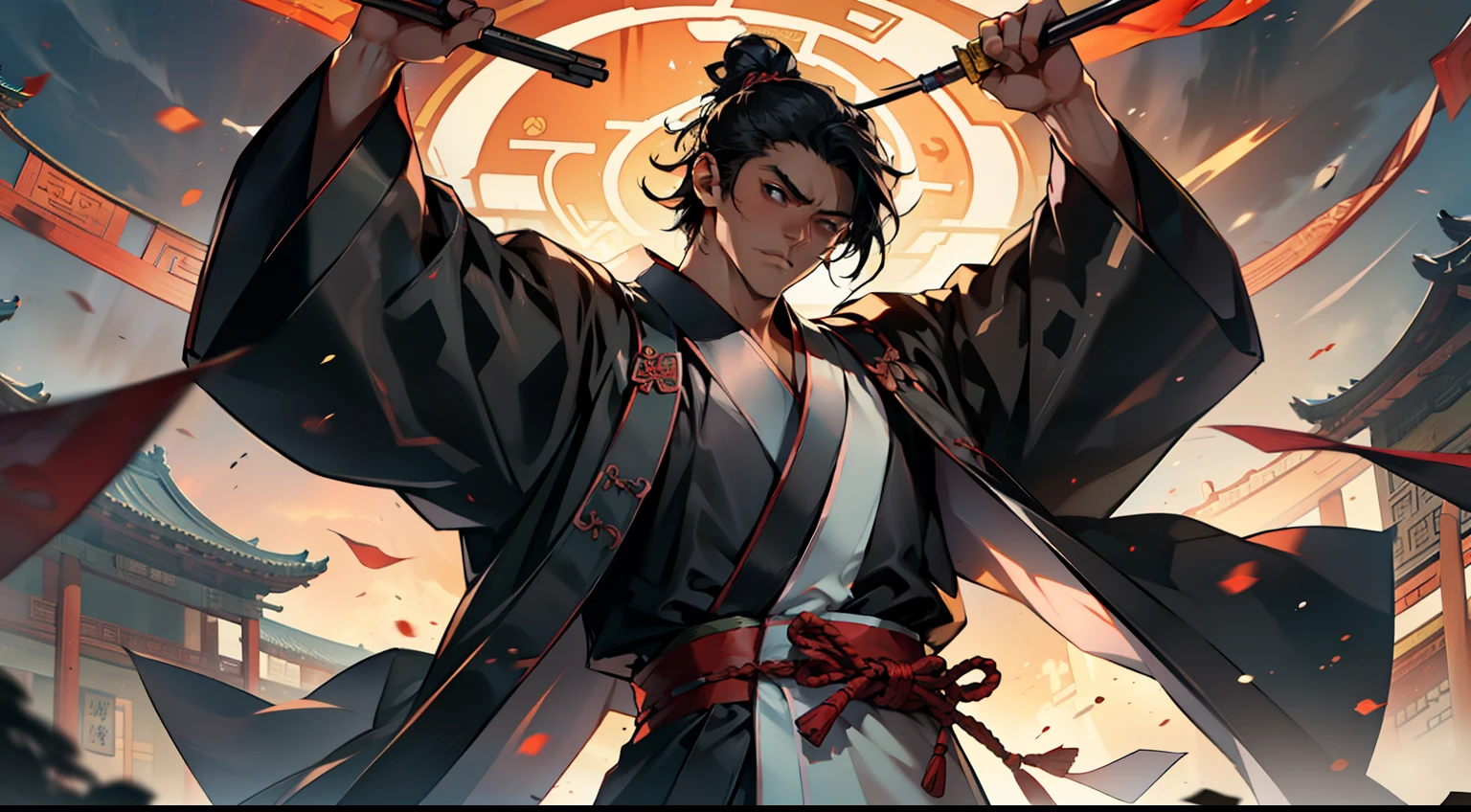 12. (1 person) The boy with a (((Black coat))), (((Black Hanfu youth))), and (((Black hair))) possesses a firm gaze, vowing to break free from the shackles of this hypocritical world and seek true freedom and power. (Background: The magnificent imperial palace of ancient China)