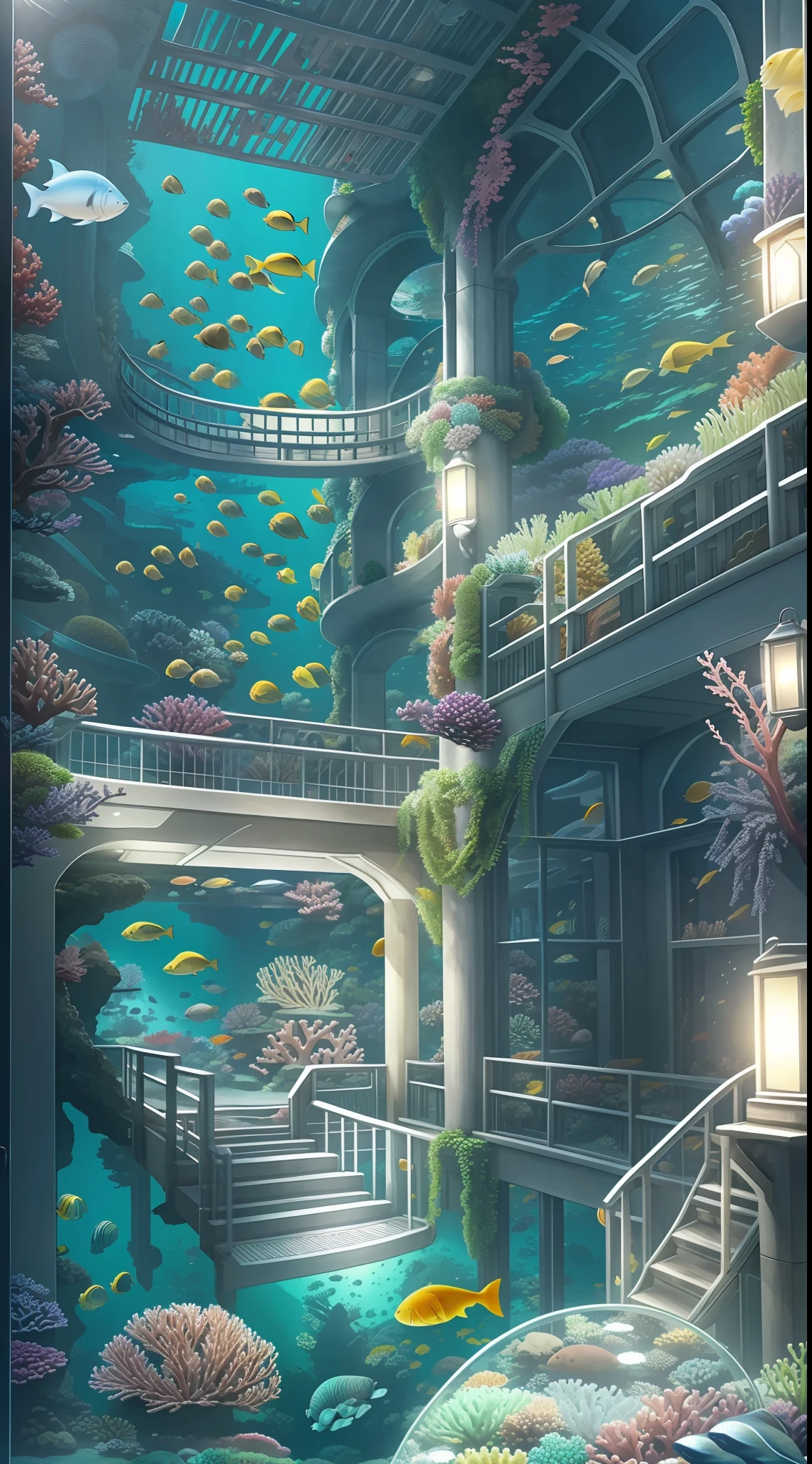 Enhanced dynamic perspective，ocean floor、Marine life、Beautiful coral reef、The fish，Huge ring-shaped underwater city，optic，Works of masters，high qulity，4K分辨率，super-fine，Detailed pubic hair，Accurate，Cinematic lighting，