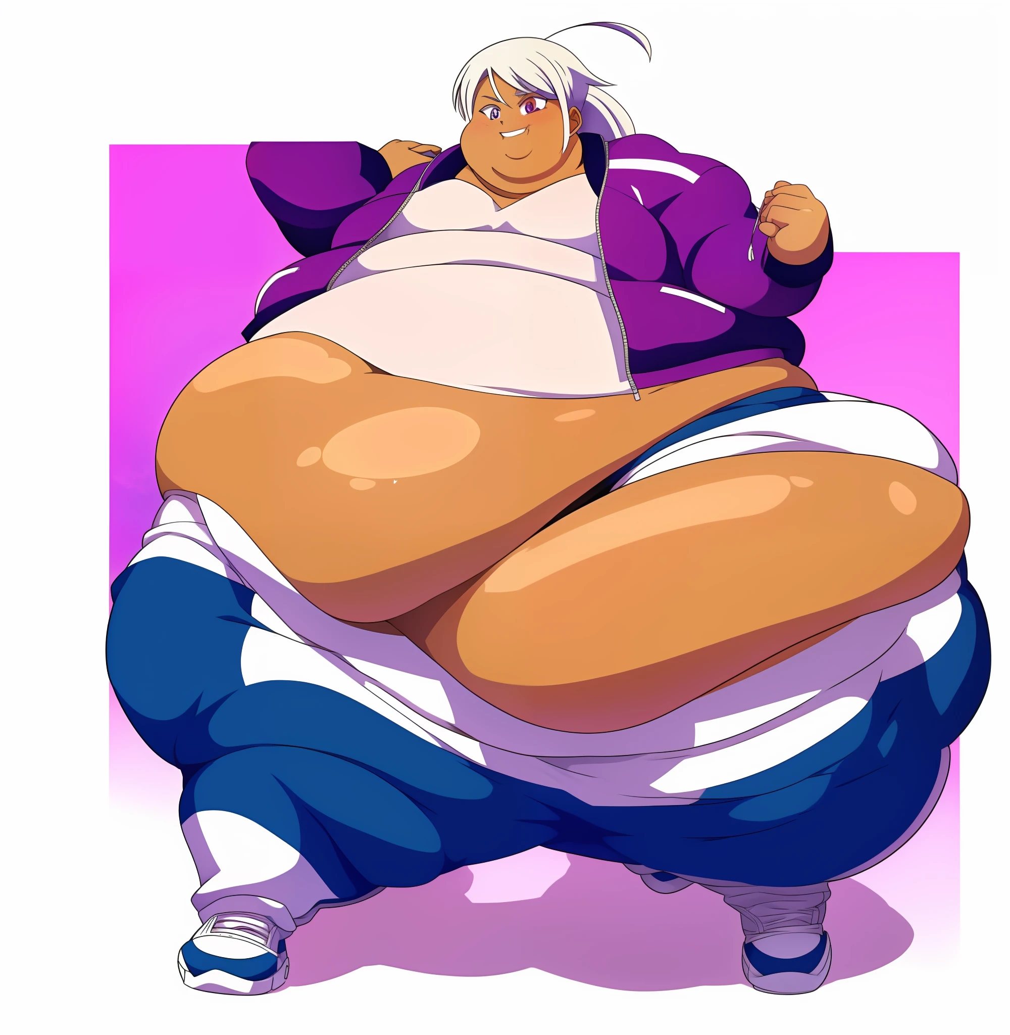 Anime fat man with a big belly and a big belly, fat man, extremely face face , he has a jiggly fat round belly, obese ), obese, fat belly, an obese, morbidly obese, insanely inflated hips,fat thighs, fat butt , big stomach, his belly is fat , background ( bedroom, on bed ), expression ( seduce, eyelids lowered, smile, evil)(anime boy )), (((Tan skin))), ((white hair)),(( hair Styled into a Bun And braided ponytail )) , ((white half jacket)) ((Skimpy white shorts)) , ,(evil aura)), anime artstyle, anime art style, unknown artstyle, aura, accurate, 2 d anime style, , high quality anime artstyle, yandere((masterpiece, High aesthetic, high quality))