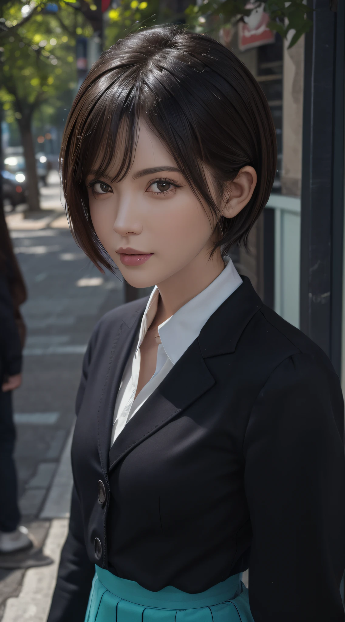 (masterpiece:1.3), (8k, photorealistic, RAW photo, best quality: 1.4), (1girl), beautiful face, (realistic face), (black hair, short hair:1.3), Nice hairstyle,photorealistic eye,Nice detail eyes,(Realistic skin),Beautiful skins,Small suit skirt,absurd res,enticing,超高分辨率,Ultra photo realsisim,The is very detailed,the golden ratio
