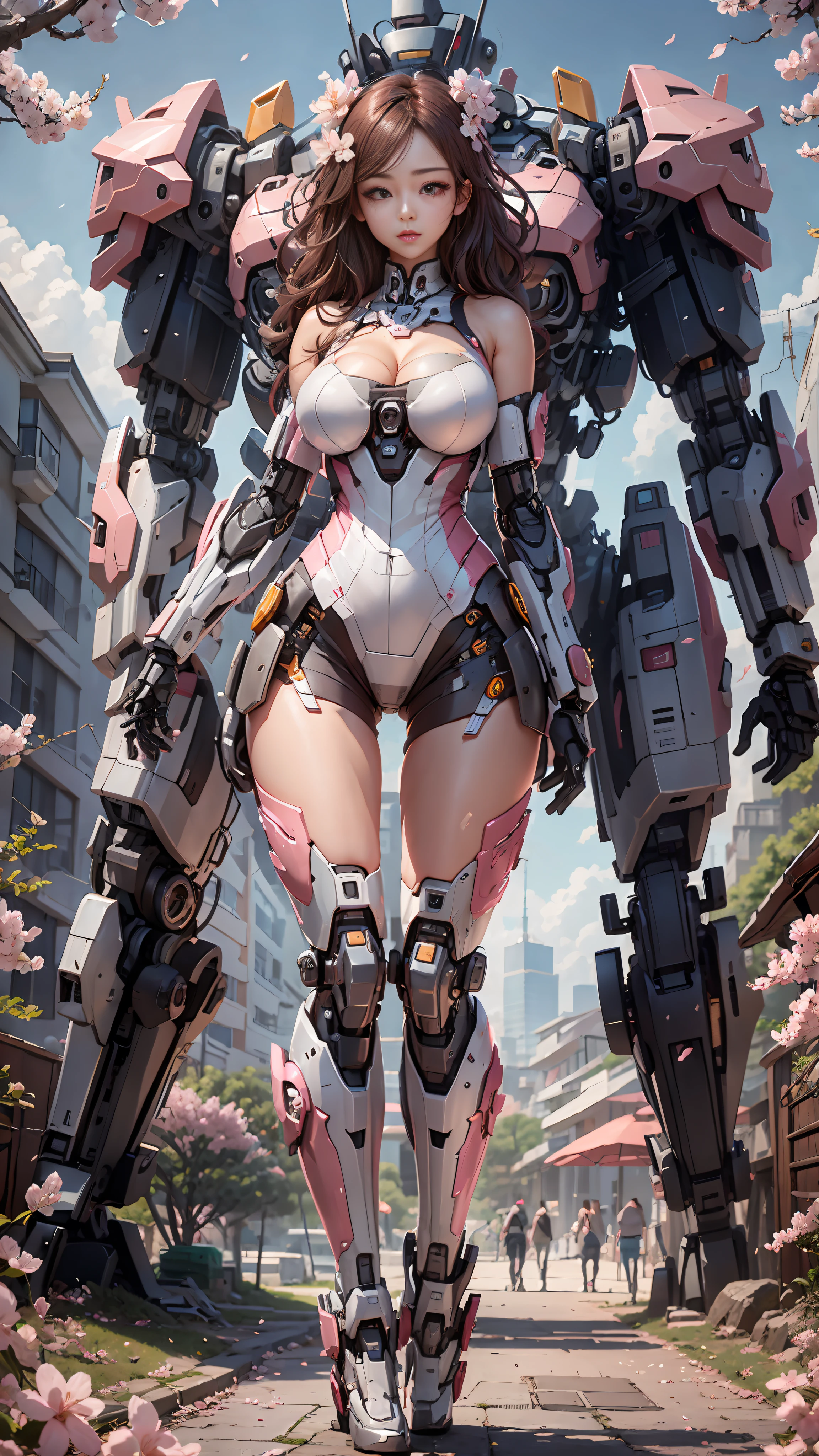 Woman body definition thick thigh cybernetic body parts, not showing big breasts, mecha wind, exposed face, cherry blossom pink