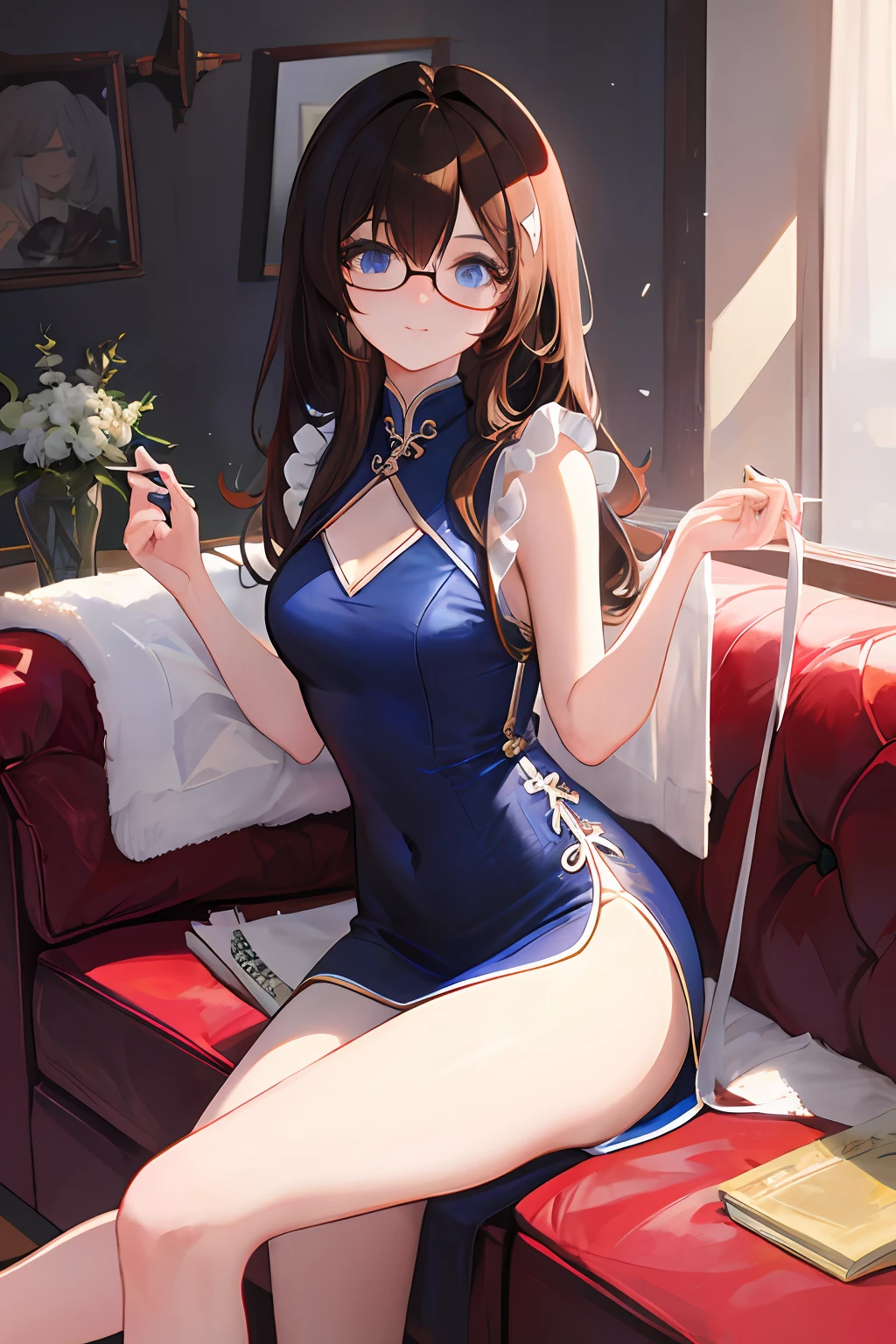 （tmasterpiece：1.3）， best qualtiy， offcial art， MagazineCover， ultra - detailed， 1girl， 1980s\（styled\）， Elegant split cheongsam，Long legs， liveroom， sitting in the couch， long whitr hair， curlies， brown  hair， eBlue eyes， eye glass， jewely， Artistically [aaron horkey|lisa frank]，