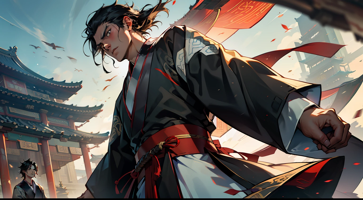 14. (1 person) The boy with a (((Black coat))), (((Black Hanfu youth))), and (((Black hair))) has a determined gaze as he makes a solemn vow to fight for the honor of his family and never yield. (Background: The magnificent imperial palace of ancient China)