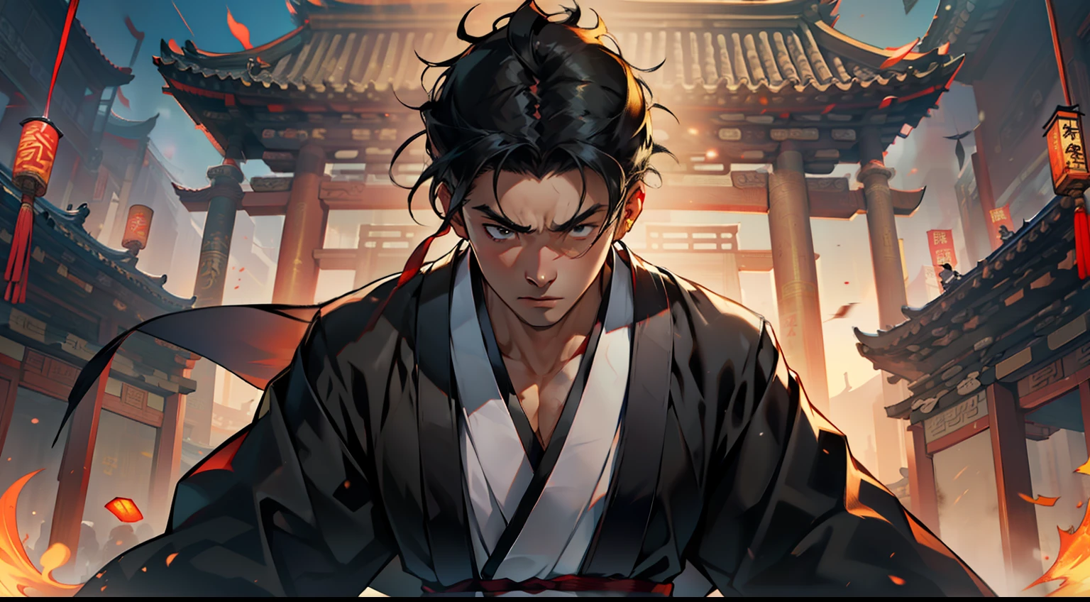 16. (1 person) The boy with a (((Black coat))), (((Black Hanfu youth))), and (((Black hair))) emanates a resolute light in his face, vowing to prove his strength and worth through action. (Background: The magnificent imperial palace of ancient China)