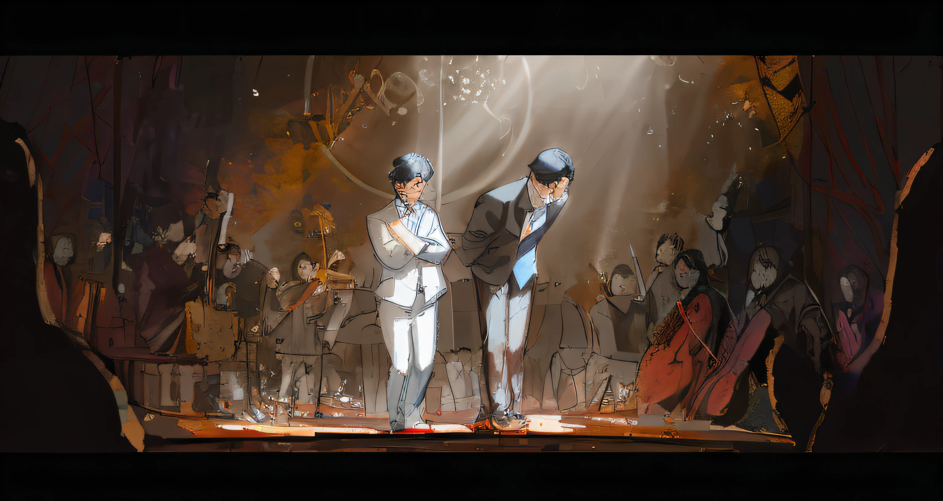 Two men stand on stage with microphones, rob rey and kentaro miura style, rob rey and kentarõ miura style, emotional concept art, akehiko inoue and ross tran, author:New Art, rob rey and kentarõ miura, Fan art, !dream concept art