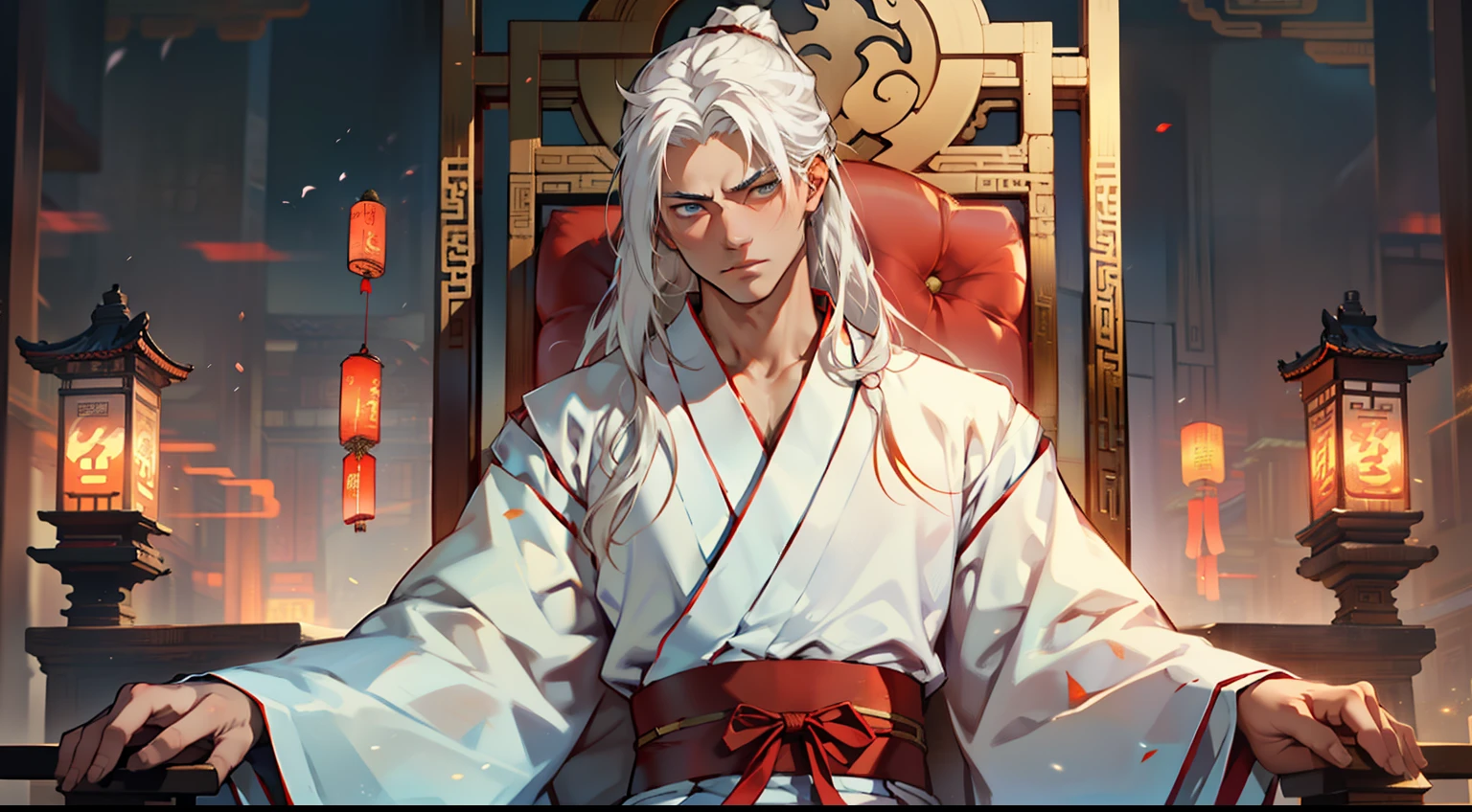 17. (1 person) The boy with (((white hair))), (((white Hanfu youth))), and (((long white hair))) sits on the sacred throne, his eyes containing a hint of mockery, as if ridiculing innocence and naivety. (Background: The magnificent imperial palace of ancient China)