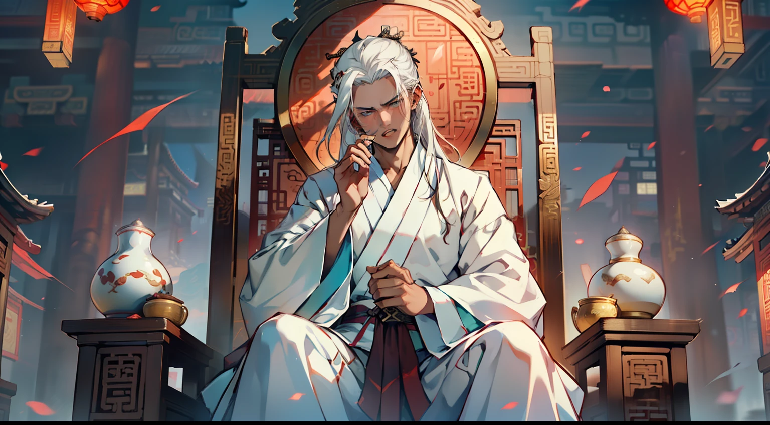 17. (1 person) The boy with (((white hair))), (((white Hanfu youth))), and (((long white hair))) sits on the sacred throne, his eyes containing a hint of mockery, as if ridiculing innocence and naivety. (Background: The magnificent imperial palace of ancient China)