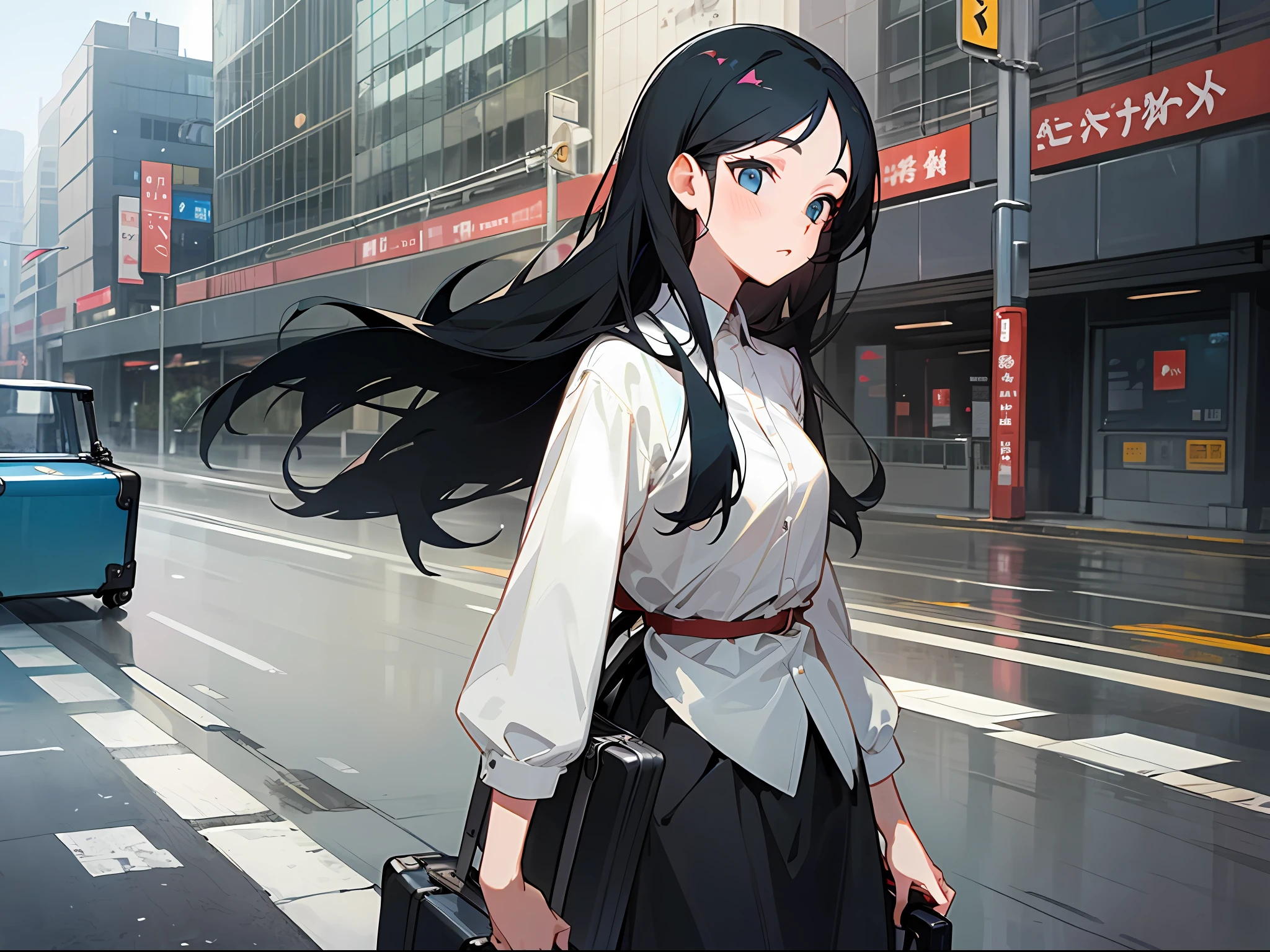 1 girl with long black hair hand pulling suitcase walking on the road