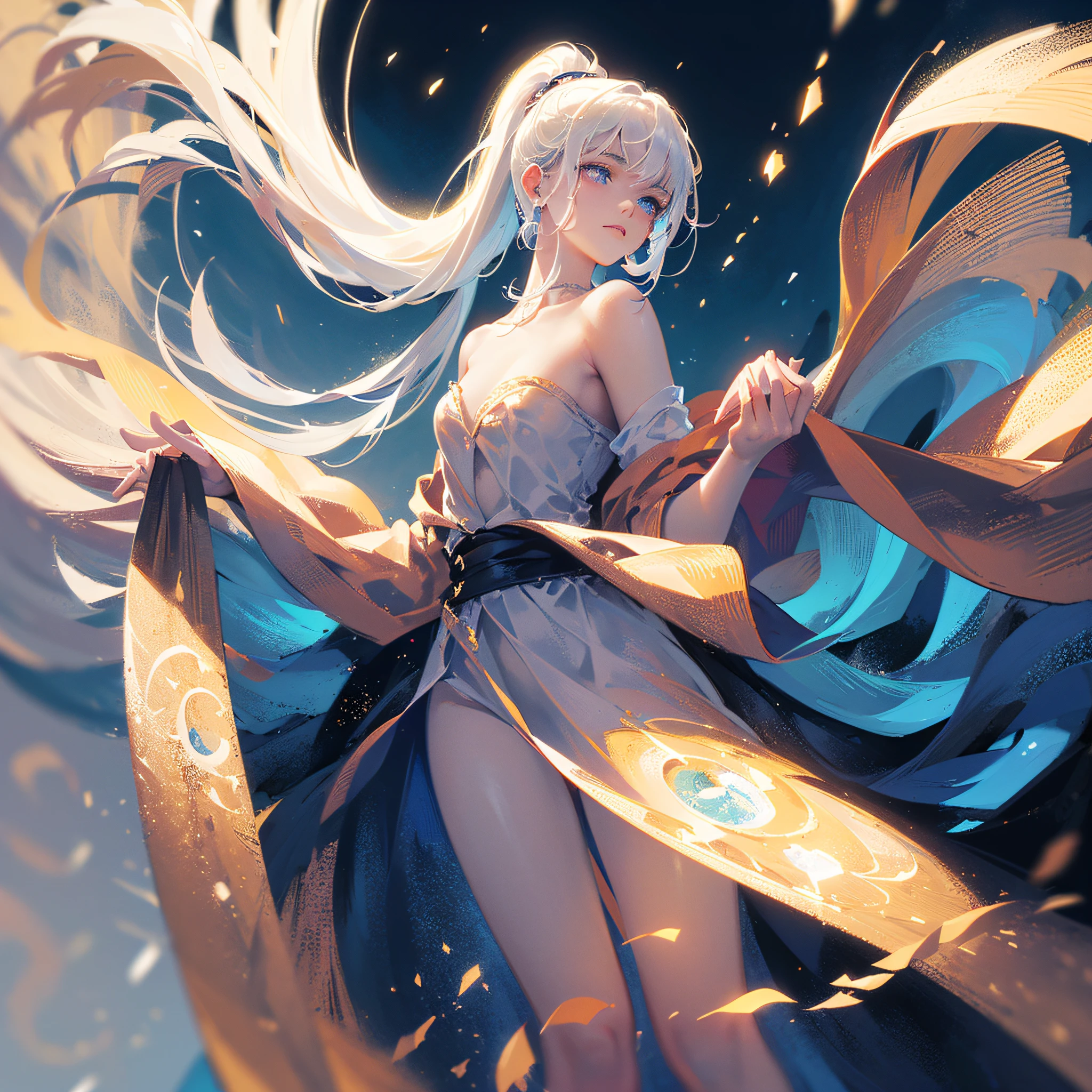 Masterpiece, (Best Quality: 1.2), (Super Fine: 1.2), Illustration, (Extremely Delicate and Beautiful: 1.2), Film Angle, Floating, (Beautiful Detail Eye: 1.1), (Detail Light: 1.1), Film Lights, Delicate Sky, Woman, White Hair, Blue Eyes, (High Ponytail: 1.1), Cloak, Glowing Eyes, (Moon: 1.2), (Moonlight: 1.1), Starry Sky, (Light Particles: 1.1), Fog , snow painting, sketching, blooming --auto