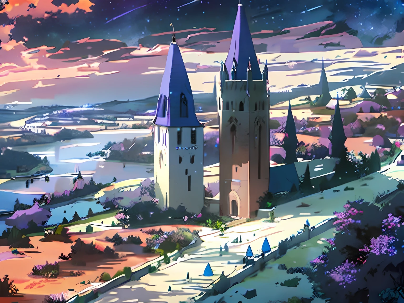 towers of god, blue towers, violet, blue, red, god, red sky, violet sky, starry sky, stars, starry towers, starry god, light blue, civilization, order
