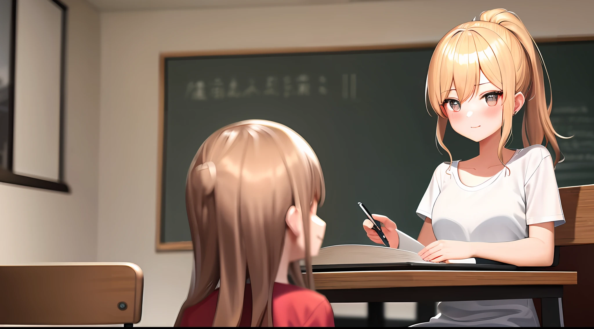 masterpiece, top-quality, hight resolution, a 1 girl, Loose white t-shirt、 Girl sitting on chair studying drafting at desk, Study seriously, Good luck studying、Beautie、cute little、High Ponytail、Pleasant face、30 only、a blond