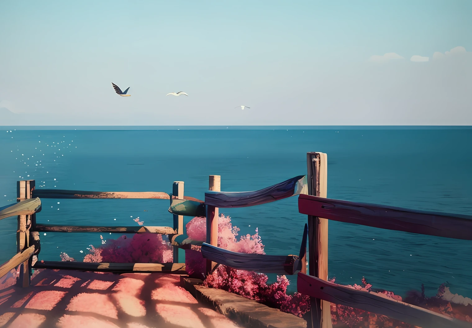 A bird flew over the water from a wooden fence, looking out at a pink ocean, There are five sailing ships on the ocean,There are three clouds in the sky,far away dreamy atmosphere, beautiful high resolution, A cena mais bonita, beautiful landscape rendering, pink landscape, Beautiful scene, beautiful anime scenes, anime landscape wallpapers, quiet and serene atmosphere, beautiful digital painting, lindo cenario, anime beautiful peace scene