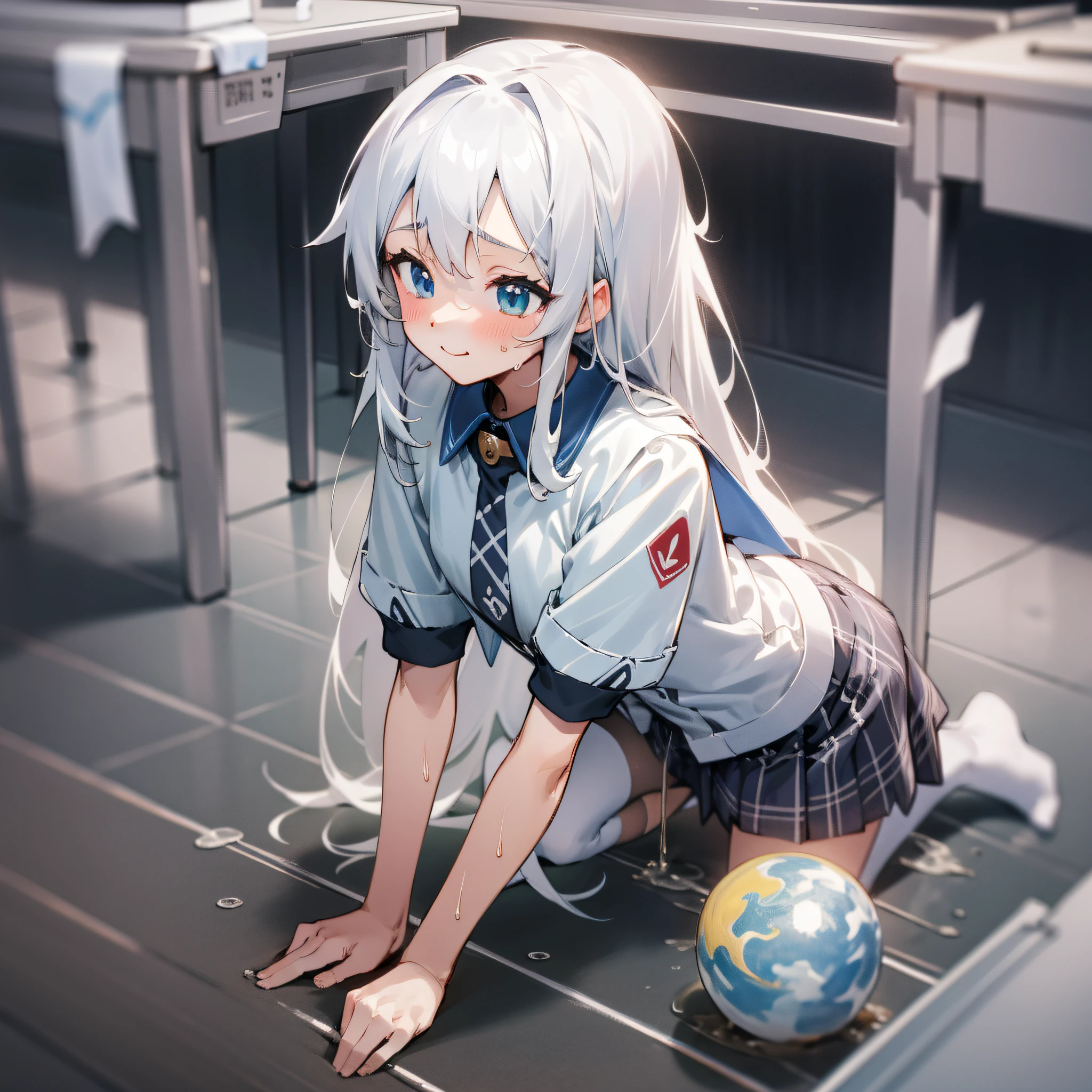 tmasterpiece,best qualtiy:1.2),Female Student,独奏,1girll,Koshita Kono,(shiny skins,wetted skin:1.2),perspired,A slight smil,looking at viewert,on the floor on all fours,校服,white shirt,Plaid skirts,upper legs,in the afternoon,Female students in the classroom,Girl with white hair,perfect white hair girl,Detailed long white hair,long hair anime girl,Beautiful anime girls,Anime Barbie with white stockings,Sweat all over the body,perspire,Incontinence,