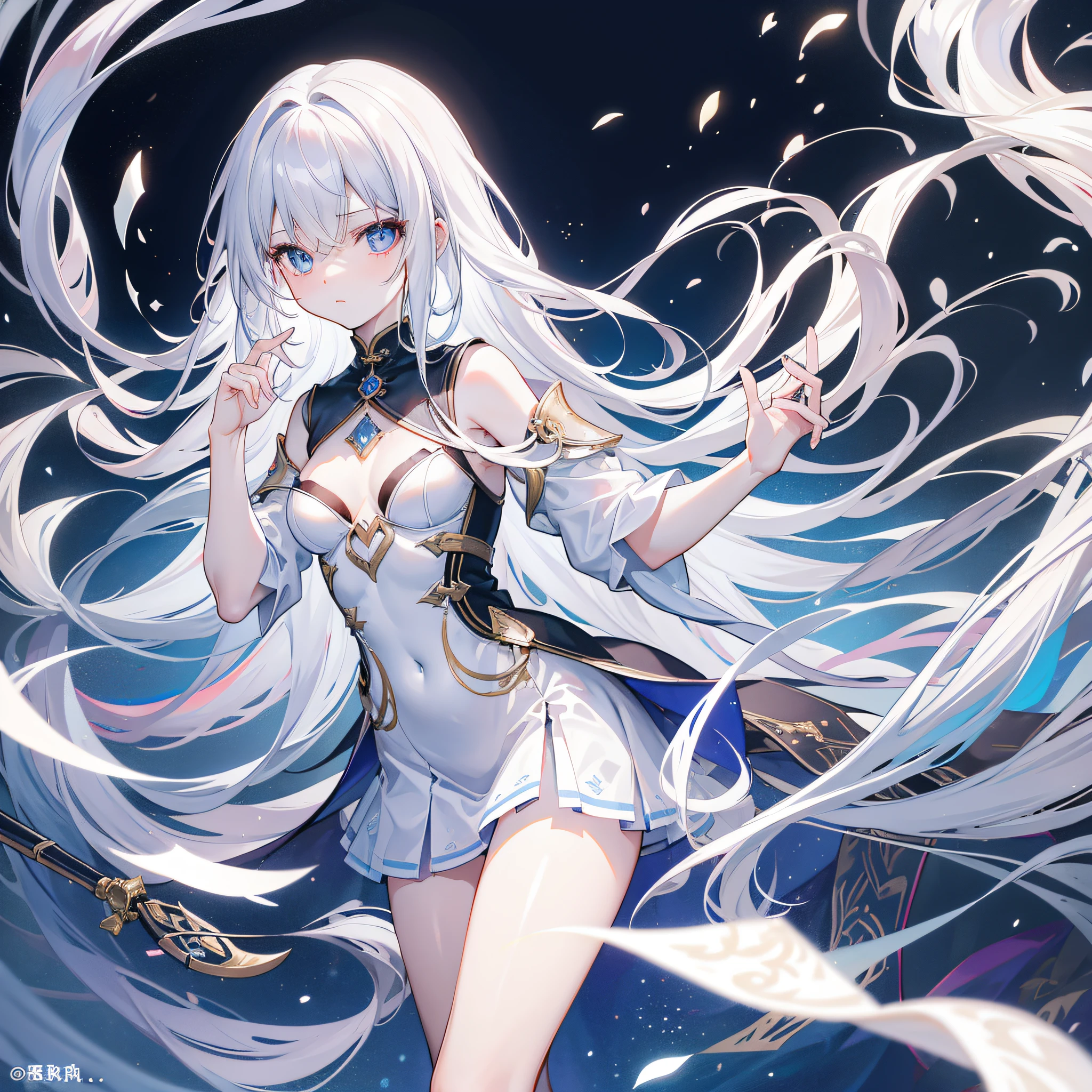 Works of masters,Best image quality,超高分辨率,Break XX,sorceress woman,long whitr hair,white colors,A patient expression,vacant eyes,blue colors,exposing her chest,The large,Erotic lingerie,lifting up skirt,Creampie,8K分辨率,Peerless beauty,Hair is depicted in detail,Small nose,exquisite lighting and shadows,The facial features of the golden ratio,k hd,with light glowing,White glowing particle effect,(rich colours),bare-legged,