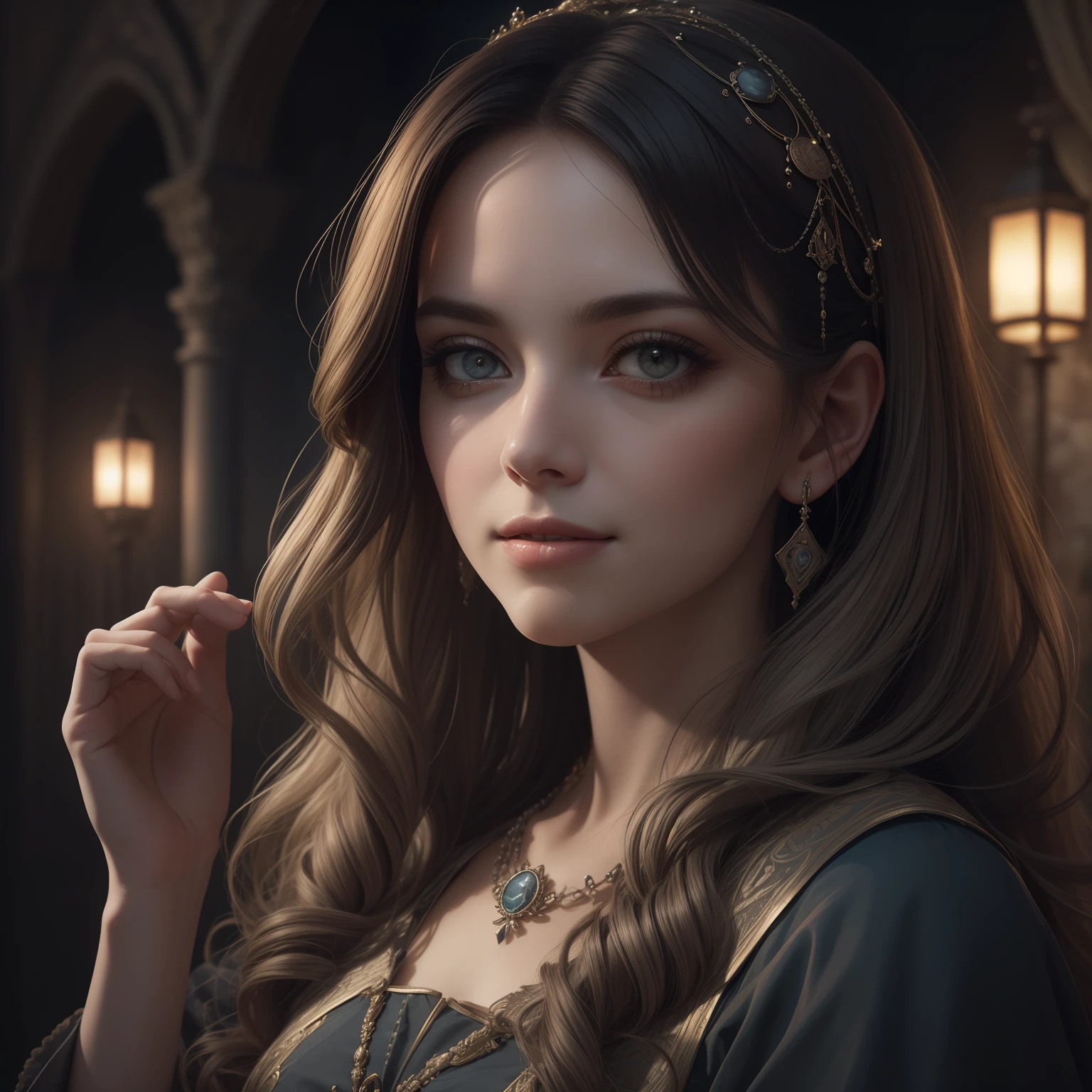 Masterpiece,Polish Woman, ((1 Woman))),(1), Silver long wavy hair, raise one hand, floating hair,wearing a beautiful detailed antique dress, (highly detailed beautiful face),((Dark eyes)),, (Skin pores:1.1),perfect face, perfect hands, 4K, Hyperrealism, Realistic, Hyper-realistic, High Resolution, 35mm lens, wide view,Cinematic, Soft lighting, Magnificent Real , Faded, ((neutral)), (HDR:1.5), Muted colors, Pastel, blue tone, professional lighting, darkness, Dramatic light, Complex background, Complex detail, Ultra detail, Magnificent, Elegant cinematography, light smile, libra,fortune teller, darkness, night castle in background, small lips
