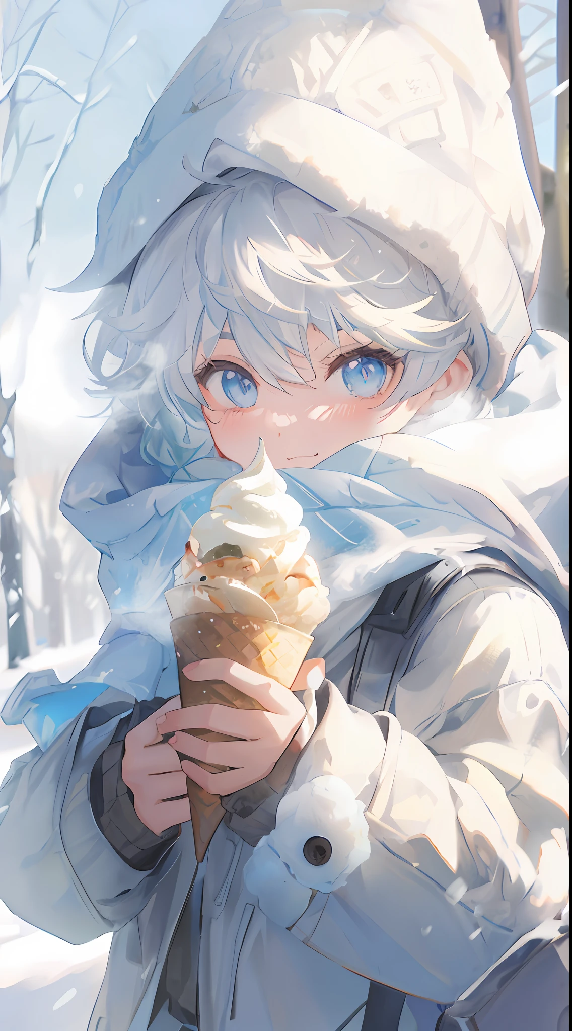 Anime boy with ice cream cone in hand in a snowy area, Trending on ArtStation pixiv, guweiz on pixiv artstation, winter concept art, anime wallaper, official artwork, guweiz on artstation pixiv, cold as ice! 🧊, Official art, artwork in the style of guweiz, 4k anime wallpaper、Thicker eyebrows