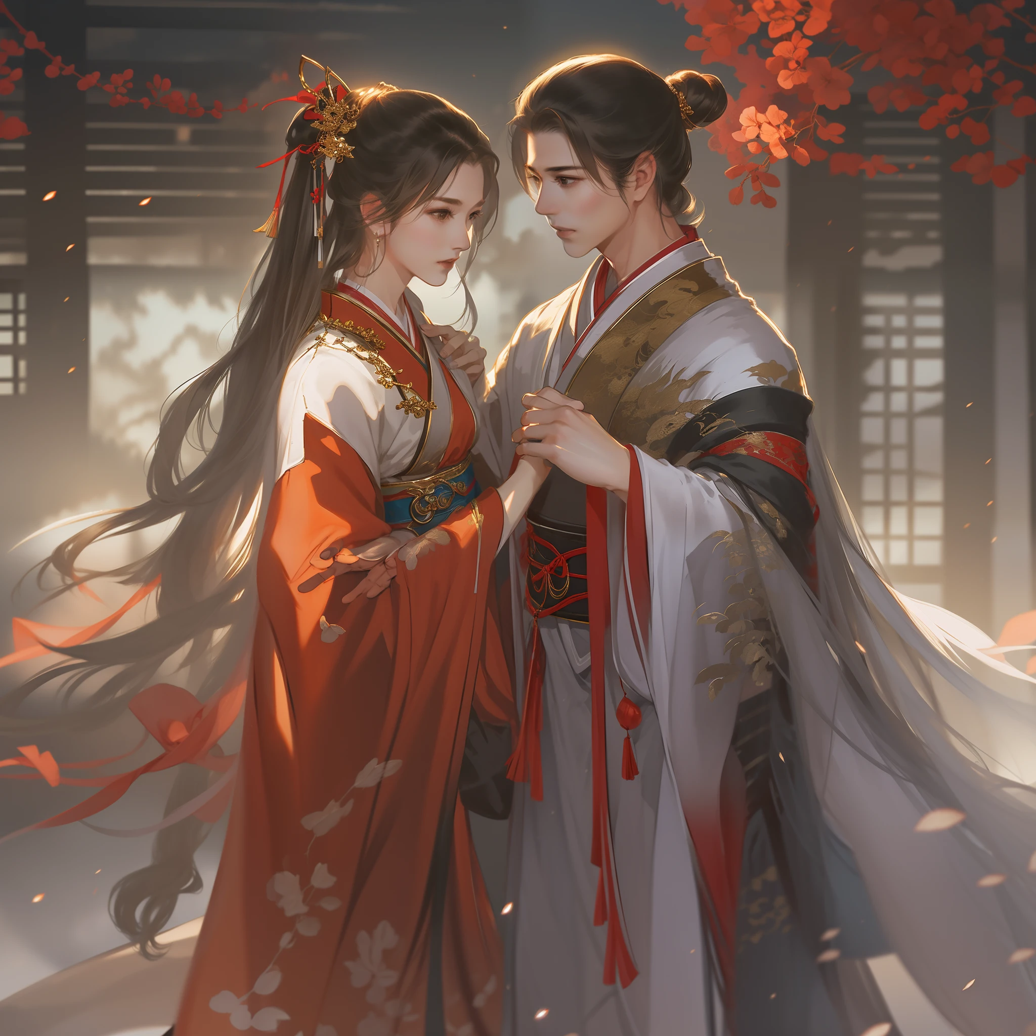 An ancient Chinese handsome boy and a beautiful girl, full body portrait, looking at each other, gentle eyes, clear facial features, wearing red Hanfu, kingly temperament, movie edge light, delicate light, masterpiece, super detailed, epic composition, super HD, high quality, highest quality, 32k