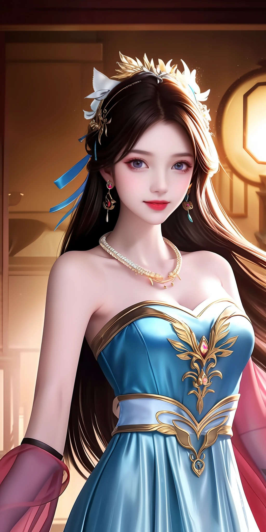 Best quality, masterpiece, high resolution, 1girl, clear silk porcelain dress, beautiful face, hair accessories, looking at the audience, smiling, close your mouth, lips, dress, hair accessories, necklaces, jewelry, long hair, earrings, beautiful face, on the body, Tindal effect, realism, dark studio, edge lighting, two-tone lighting, (high detail skin: 1.2), 8k UHD, DSLR, soft light, high quality, volumetric lighting, photo, high resolution 4K, 8k, blurred background