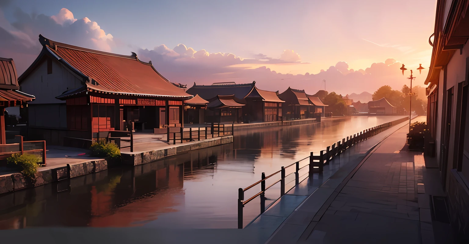 A realistic ancient Chinese style building，The beautiful scenery exudes under the setting sun，Use redshift to render in gorgeous 3D renderings，It's breathtaking，And amazing detail。 --auto