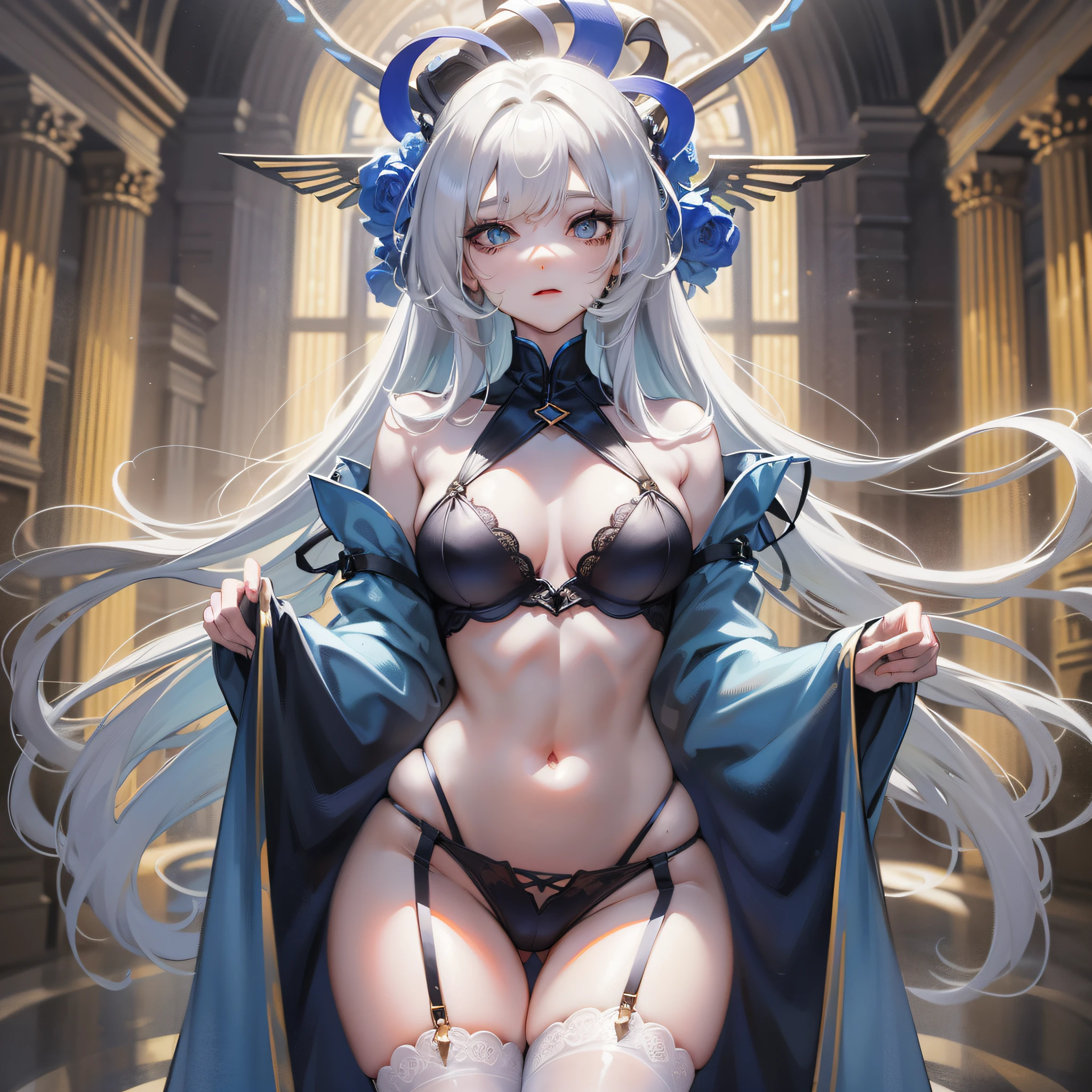 Works of masters，Best image quality，超高分辨率，Break XX，sorceress woman，long whitr hair，white colors，A patient expression，vacant eyes，blue colors，exposing her chest，The large，Erotic lingerie，lifting up skirt，Creampie，8K分辨率，Peerless beauty，Hair is depicted in detail，Small nose，exquisite lighting and shadows，The facial features of the golden ratio，k hd，with light glowing，White glowing particle effect，（rich colours），bare-legged，