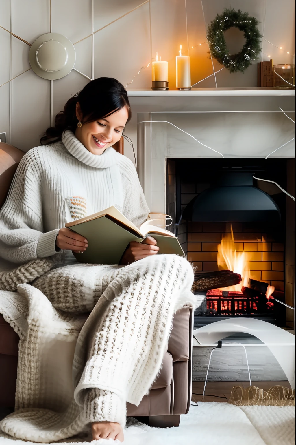 Woman sitting in chair reading book drinking coffee in front of fireplace,cosy atmoshpere, warm and joyful atmosphere, cozy environment, shutter inventory, exploitable image, abcdefghijklmnopqrstuvwxyz, 1614572159