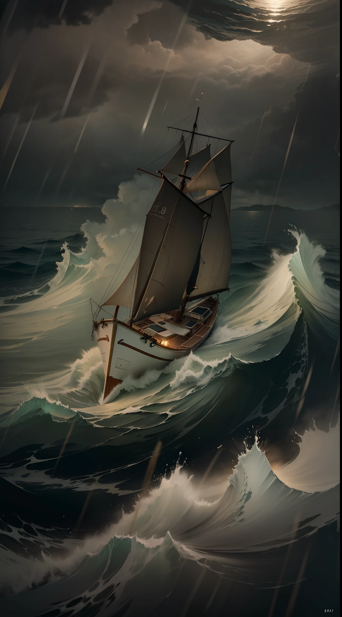 A small boat sailing in the sea on a stormy night