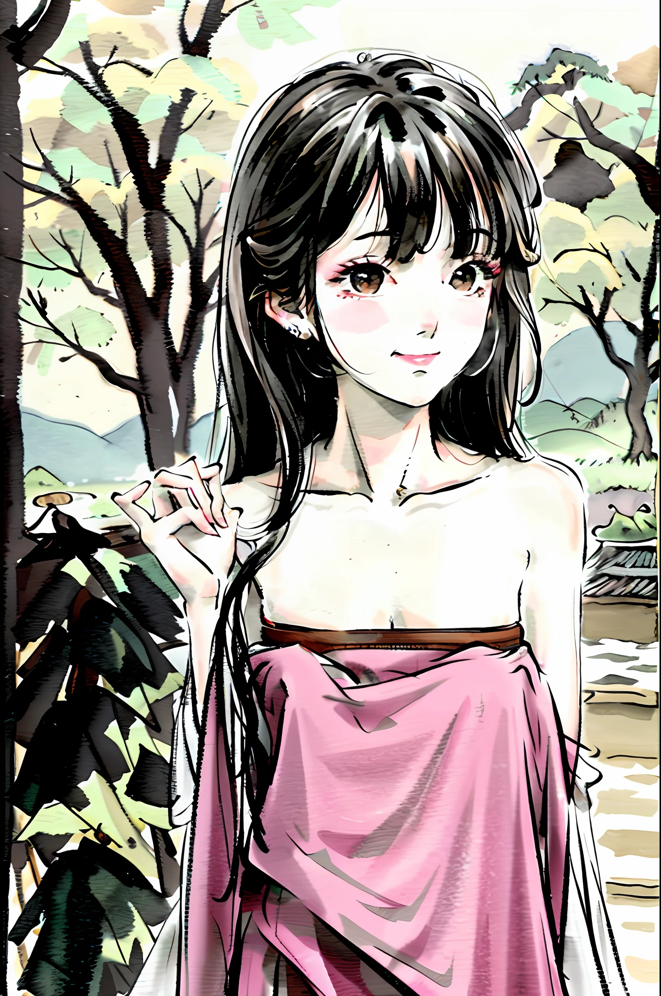 (masterpiece),best quality,good anatomy, shuimobysim,(1 girl:1), (upper body),(smile),short hair,(hanfu),(ecchi0.5), (trees:0.5), (flowers:0.6) ,(wooden house:0.2),(bamboo forest:0.2),(creek:0.2),(river:0.2),
