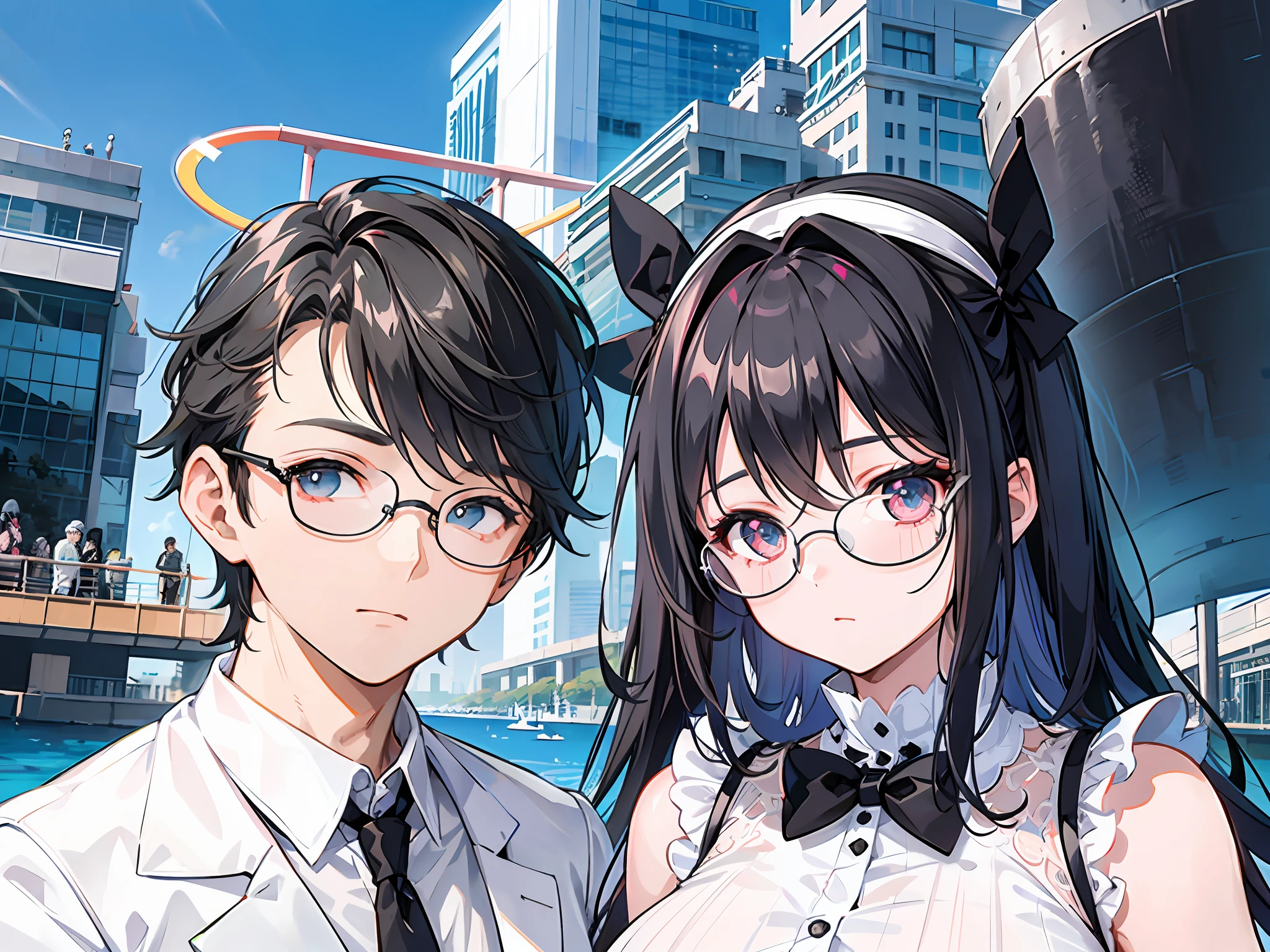 A girl with a black bow on her head and a boy wearing a white mask and black glasses，Aquarium in the background，self-shot，anime big breast