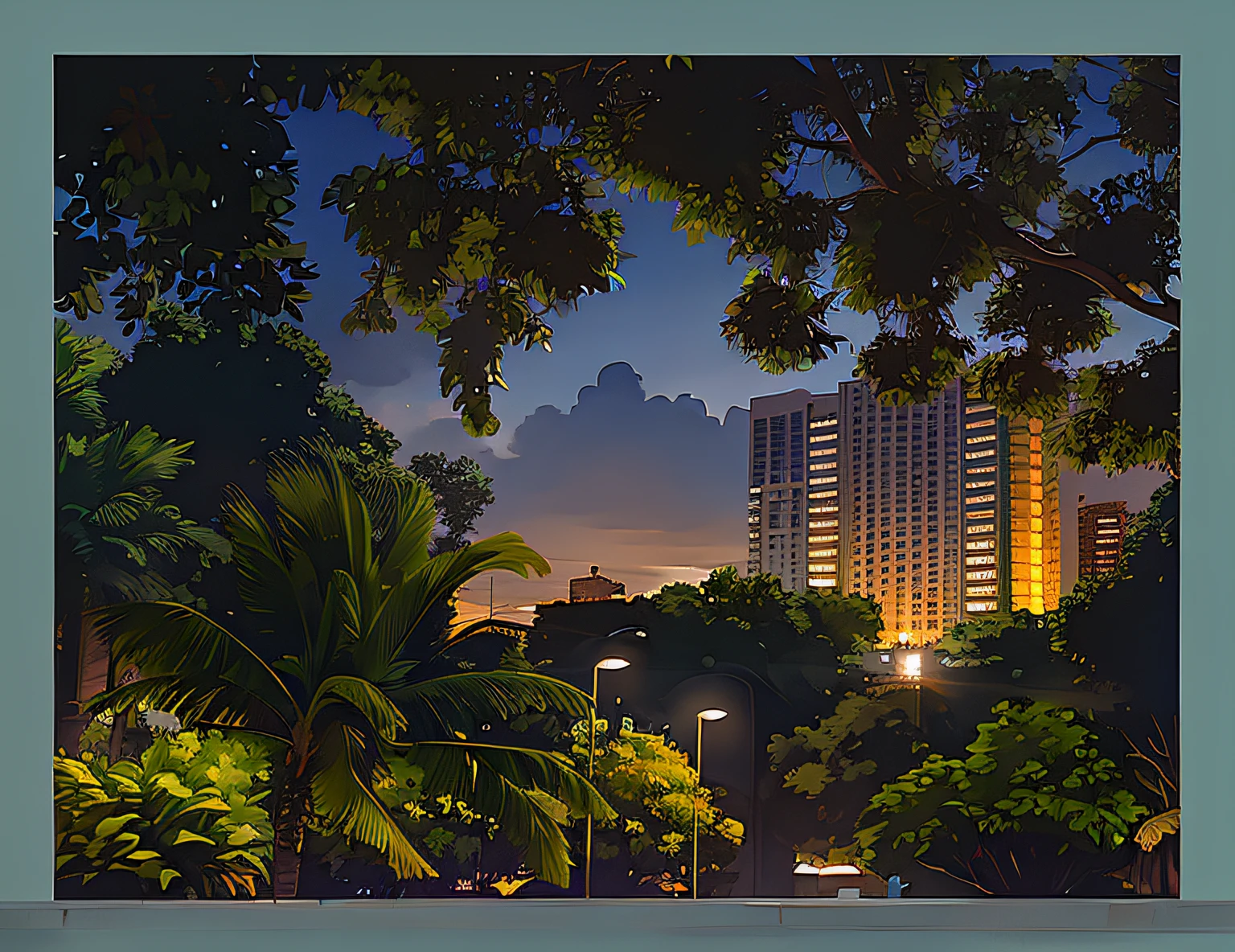 Trees and bushes in front of buildings with street lights, outdoors tropical cityscape, nature growing around the city, from the distance, Palm trees and Miami architecture, Building in the distance, urban view in the distance, nature returning to the city, residential area, with palm trees in the back, Buildings in the distance, visto ao longe, trees in background,photorealestic,delicated