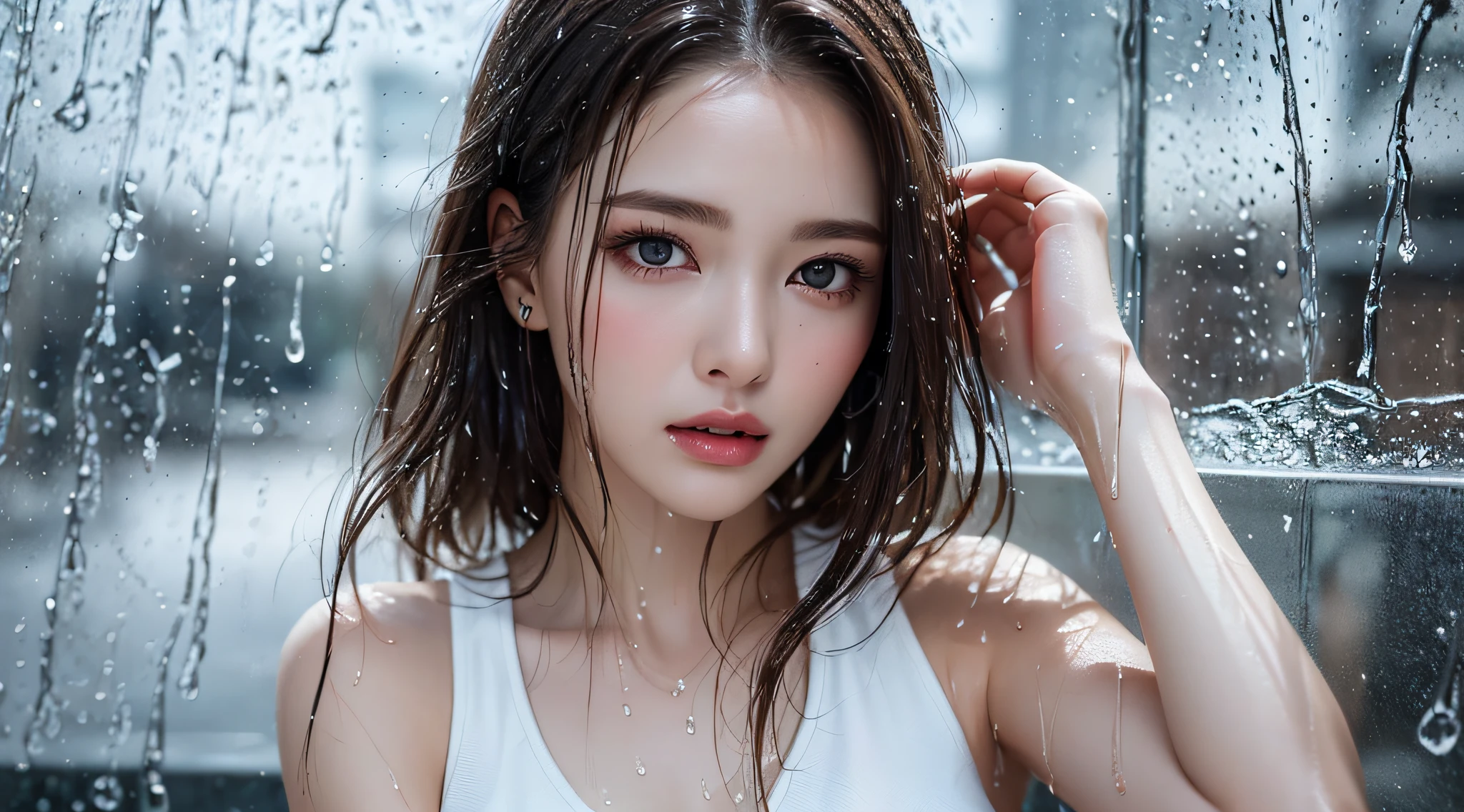 (Best quality, 4k, Masterpiece :1.3), pretty woman, 1girl, sexy :1.1, dark brown hair: 1.1, (rainy wet, wet from rain, wet body :1.2), white tank tops, ultra-detailed face, detailed lips, detailed eyes, double eyelid