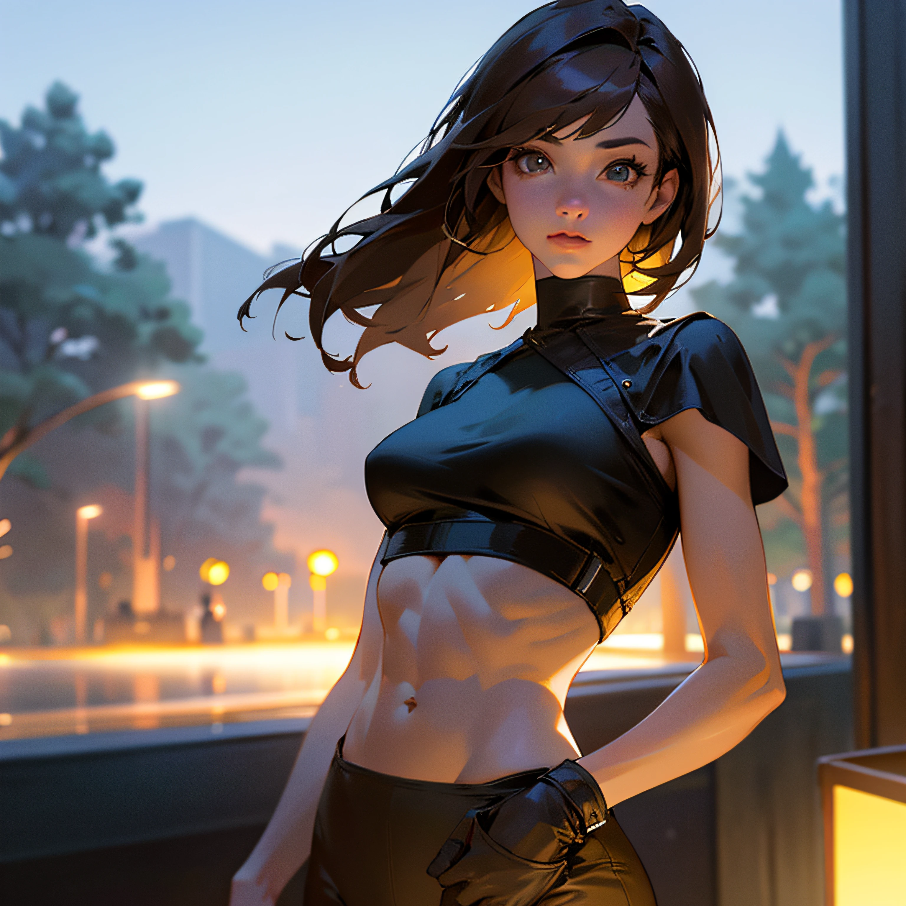 ((Realistic lighting, Best quality, 8K, Masterpiece: 1.3)), Clear focus: 1.2, 1girl, Perfect beauty: 1.4, Slim abs: 1.1, ((Dark brown hair)), (White crop top: 1.4), (Outdoor, Night: 1.1), Park view, Super fine face, Fine eyes, Double eyelids, --auto