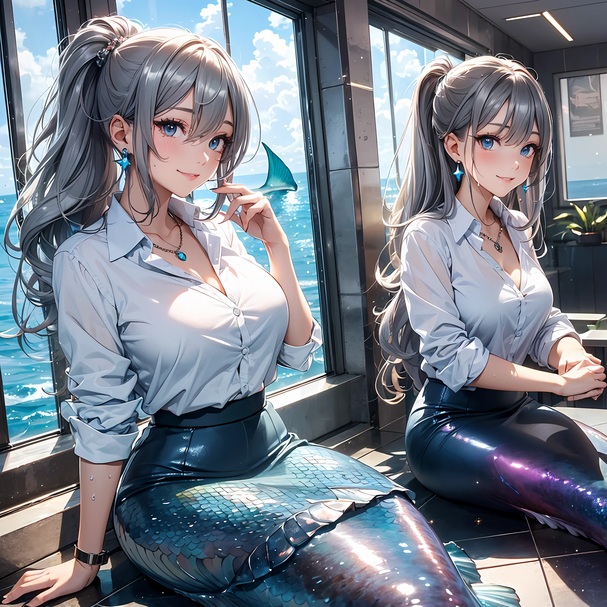 (masutepiece: 1.3), (max resolution: 1.2), (Ultra HDTV: 1.2), cinema lite, Ultra HDTV, (Detailed eyes and skin), (detailed facial features), 8K resolution, Sharp Focus: 1.2, Perfect Style, Beautiful Face, accurate, Anatomically correct, Highly detailed face and skin texture, Detailed eyes, Dark-blue eyes, Double eyelids, Thin eyebrows, (dropped eyes:0.65), (Glitter Eyeliner:1.2), Natural cheeks, (Sweaty skin), (Fair skin:1.2), shiny necklace and earrings, (Glossy lips: 1.4), BREAK, absurderes, One-person viewpoint, ((A magnificent view and gigantic deep-sea creatures of the deep sea expands outside a super large and wide glass window.:1.5)), BREAK, (She is Very Cute mermaid), (While Wearing a white Button shirt:1.2), BREAK, (wear a blazer:1.3), BREAK, ((skirt:1.2)), BREAK, (shy smile:1.2), ((18 years old, A Very Cute and neat mermaid girl:1.3)), (high-ponytail hairstyle, Wavy Hair), ((Dark Silver hair:1.4)), Medium Long Hair, BREAK. ((full body shot: 1.2)), (looking at viewer:1.2), ((Sitting on the floor:1.2)), (by the glass window)), (Focus on face:1.2), (From below),