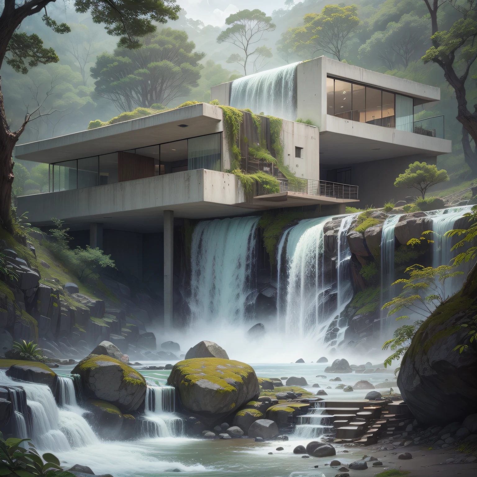 Uma cachoeira em frente a uma moderna casa de concreto branco na floresta, a digital rendering, Joao Salvador, por Maginel Wright Enright Barney, , Modernismo, provia, creative commons attribution, biomorphic