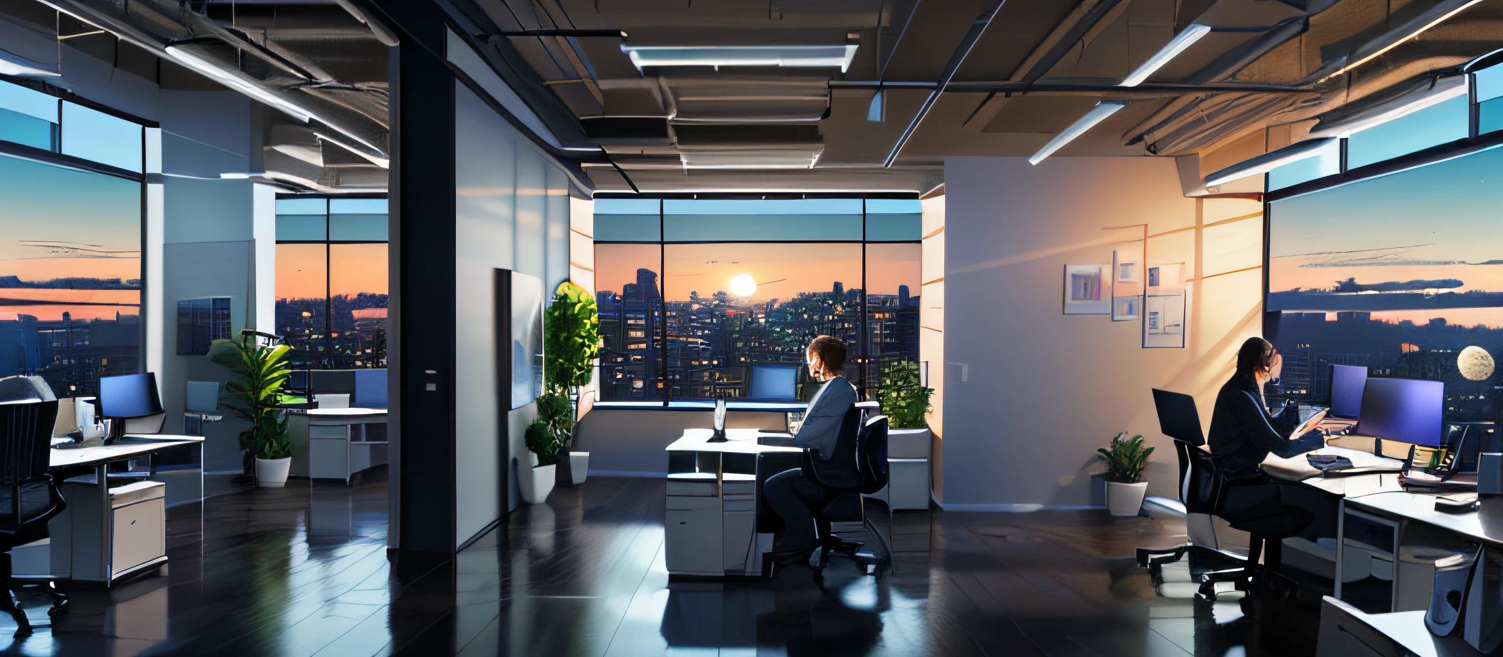 A lot of people are in the office,A lot of people are working,Computer, Sky outside the window,natta,themoon,In the office, artstation hq, working in an office, At the office, office backdrop, in a open-space working space, in front of a computer, in a office