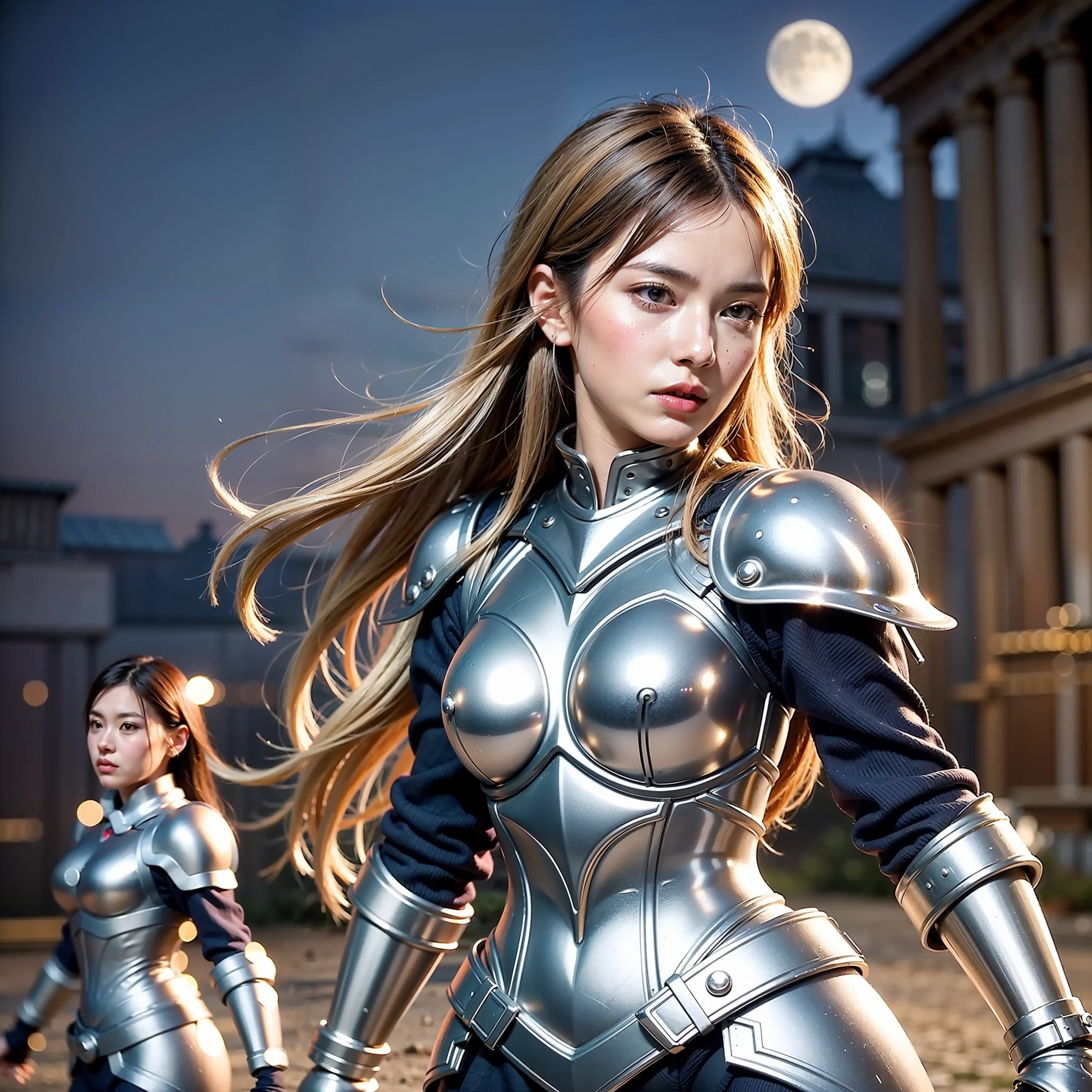 Female warriors in silver armor wield moon blades to fight evil enemies, Ancient city background in dim moonlight, An atmosphere of tension pervaded the battlefield, Photography, Use a wide-angle lens to capture expansive scenes and compelling confrontations, --AR 16:9--y5--S800--V5.1