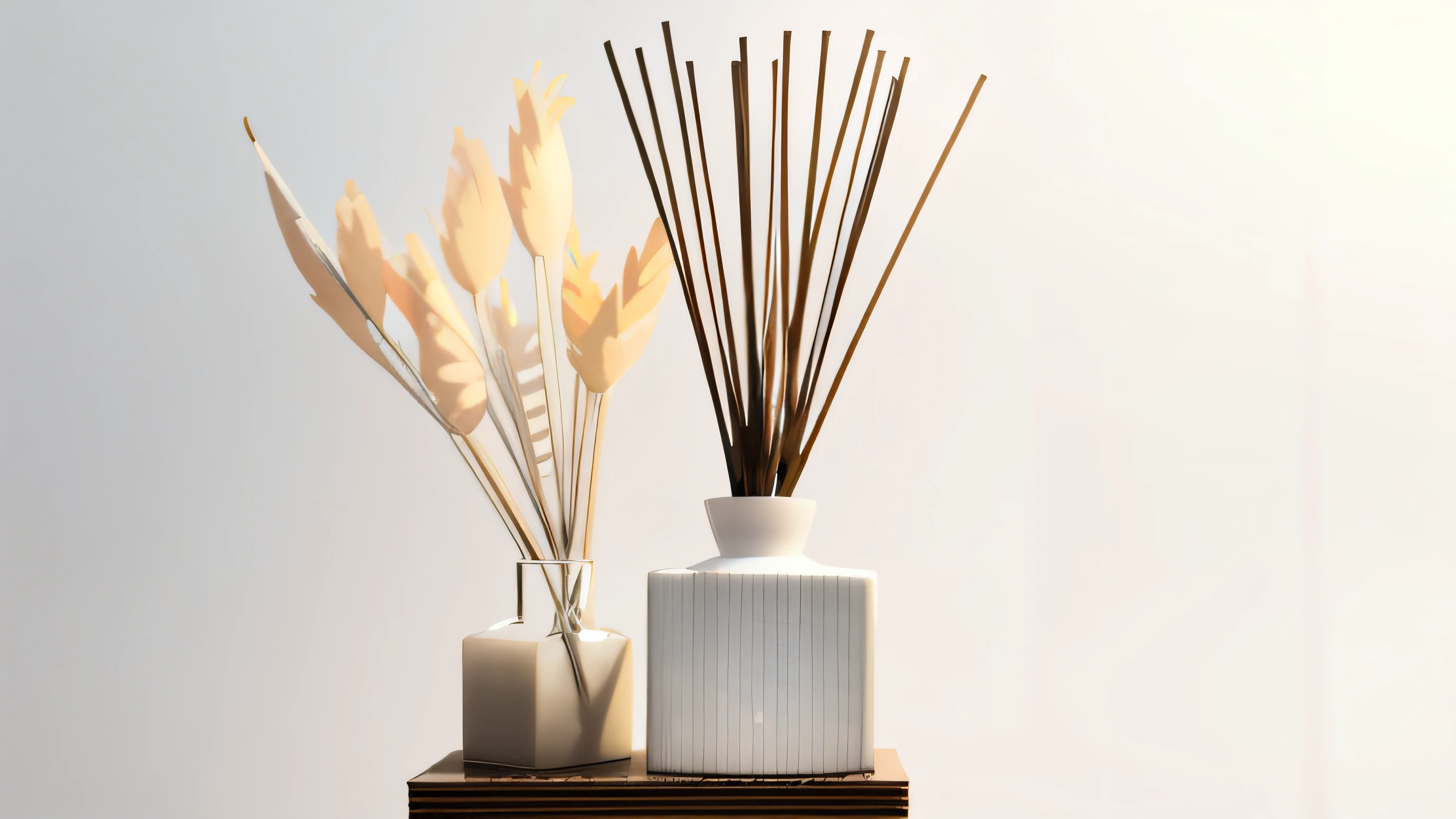 On the table were two vases with reeds and a candle, Incense, reeds, Dry plants, highly detailed render, 3 d product render, clean render, hyper realistic detailed rendering, Rendered in V-Ray, detailed render, high quality rendering, Bull punch, natural realistic render, Render in Vray, middle close up composition