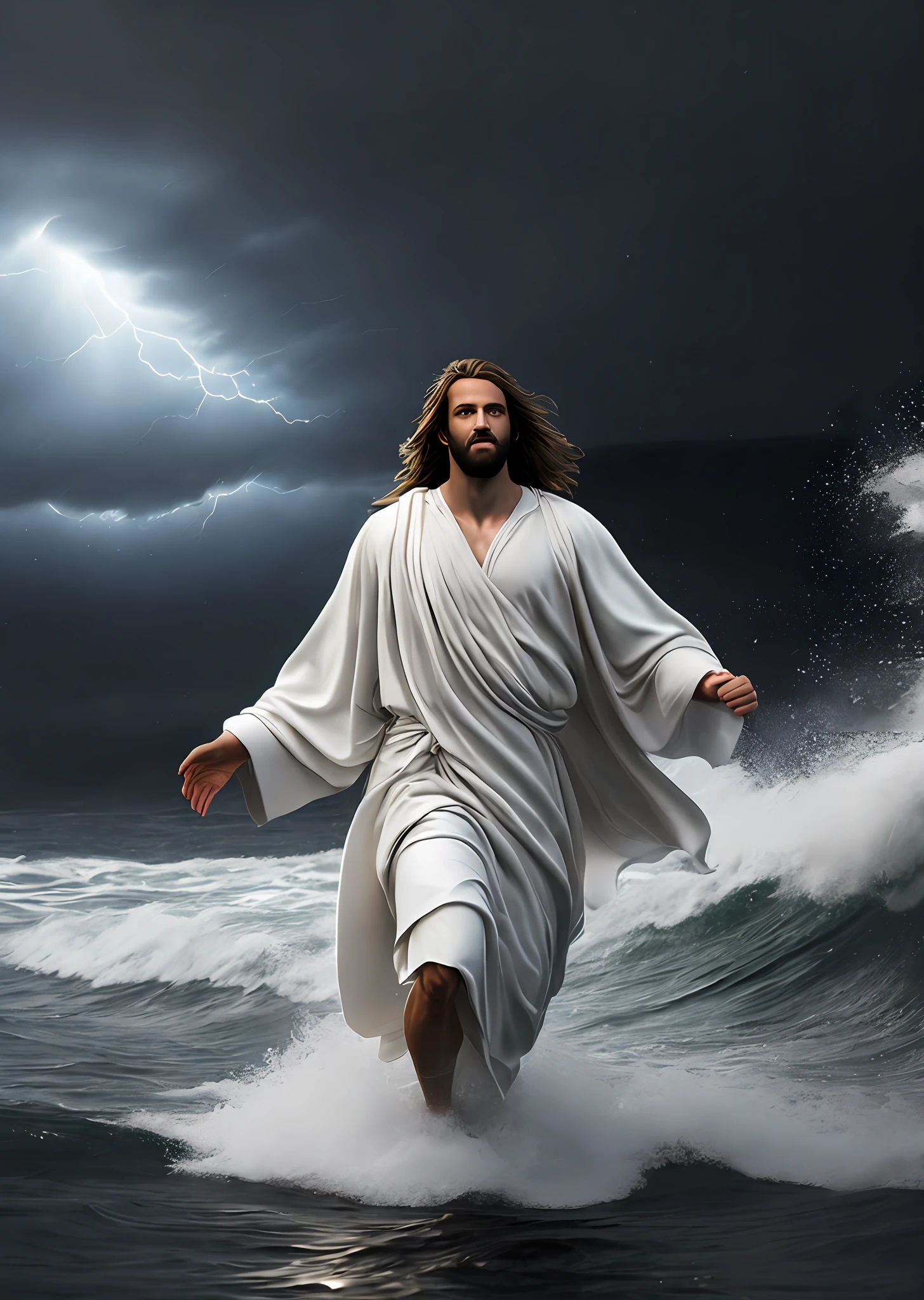 Jesus Christ walking on water in a storm, white robes, waves, soft expression, dark sky with lightning, lightning, photo realism, masterpiece, high quality, high quality, highly detailed CG unit 8k wallpaper, award-winning photos, bokeh, depth of field, HDR, bloom, chromatic aberration, realistic, very detailed, trend in CGsociety, complex, high detail, dramatic, volumetric lighting
