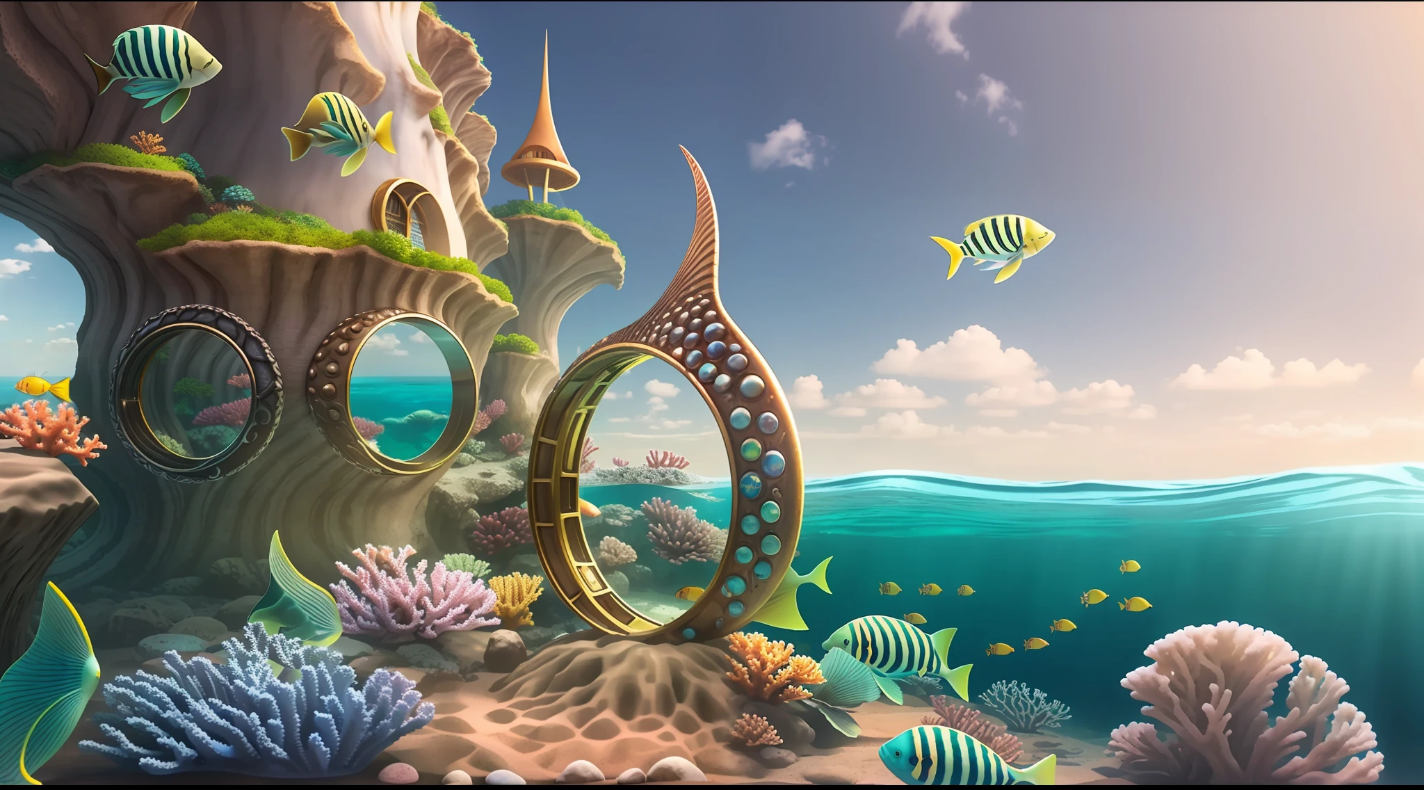 Enhanced dynamic perspective，ocean floor、Marine life、Beautiful coral reef、mermaids，Huge ring-shaped underwater city，optic，Works of masters，high qulity，4K分辨率，super-fine，Detailed pubic hair，Accurate，Cinematic lighting，