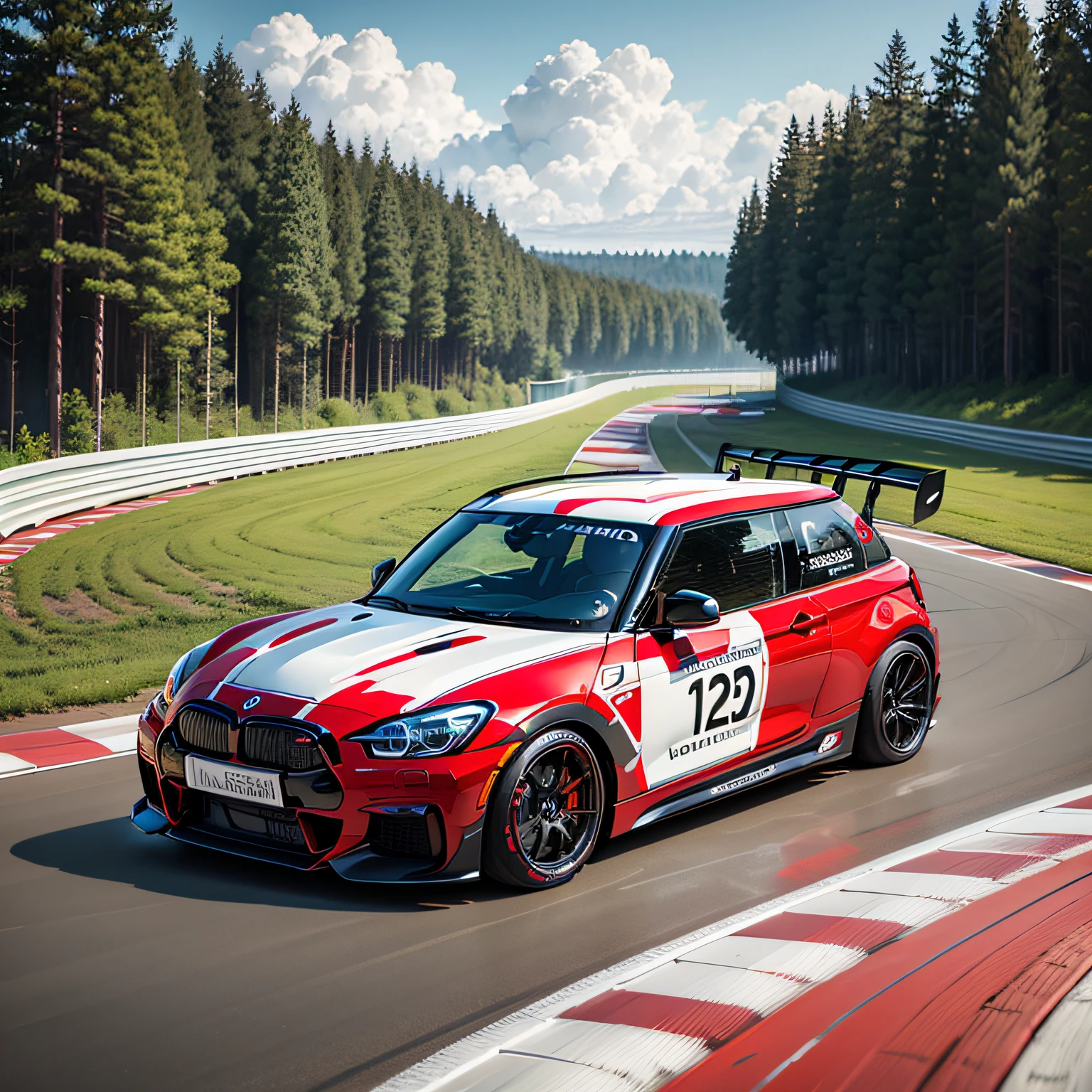 Red BMW Mini,Livery,White racing lattice,ln the forest,Racing tracks