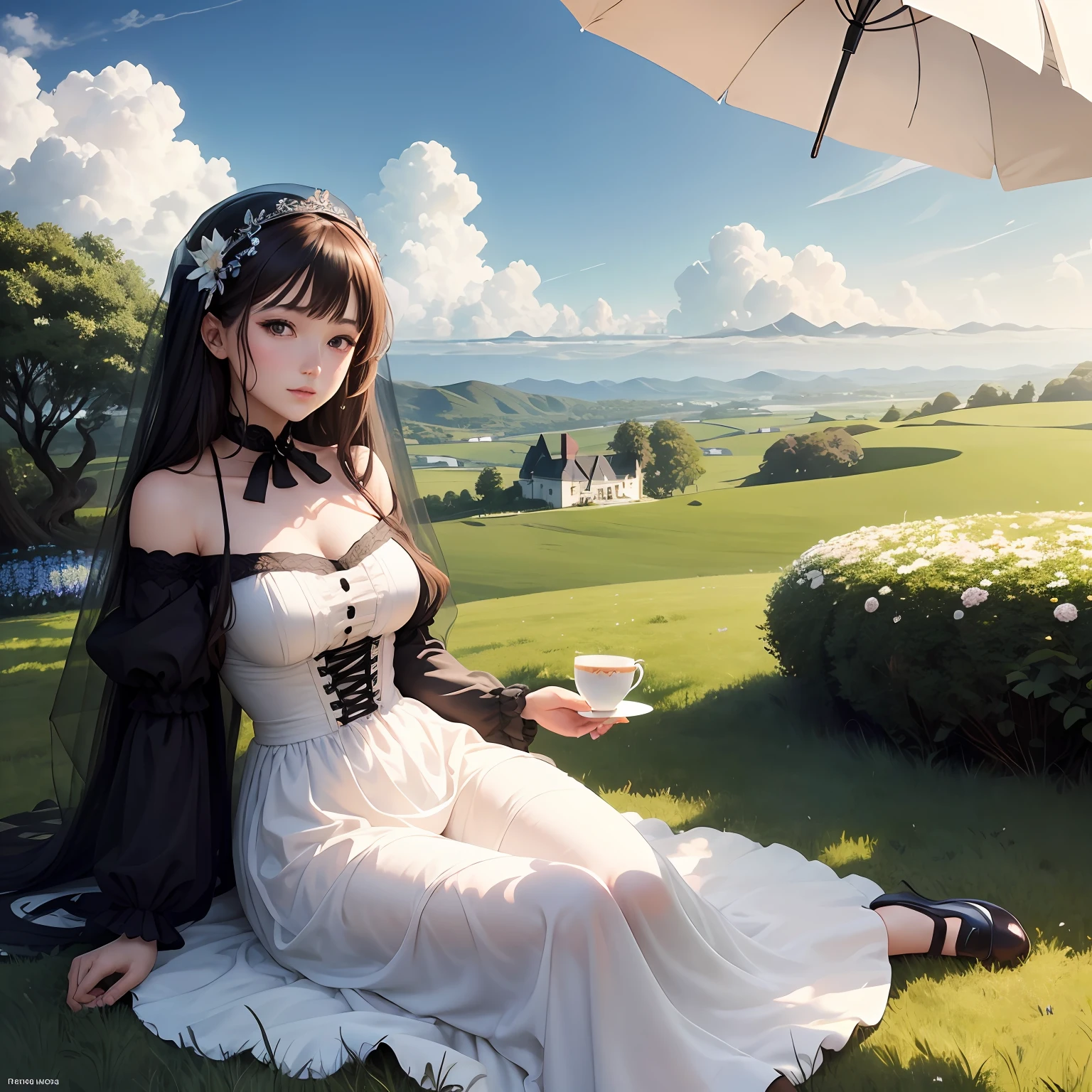 A beautiful woman in a black European dress sits on an open lawn,horizon,with blue sky and white clouds,Small tea house,Delicate teacups,and the sun was shining brightly,rainbowing,large environment,the detail,big vista,no buildings,drinking tea,With a veil,A large parasol stuck in the ground,Need,tmasterpiece,Masterpiece,animemanga girl --auto